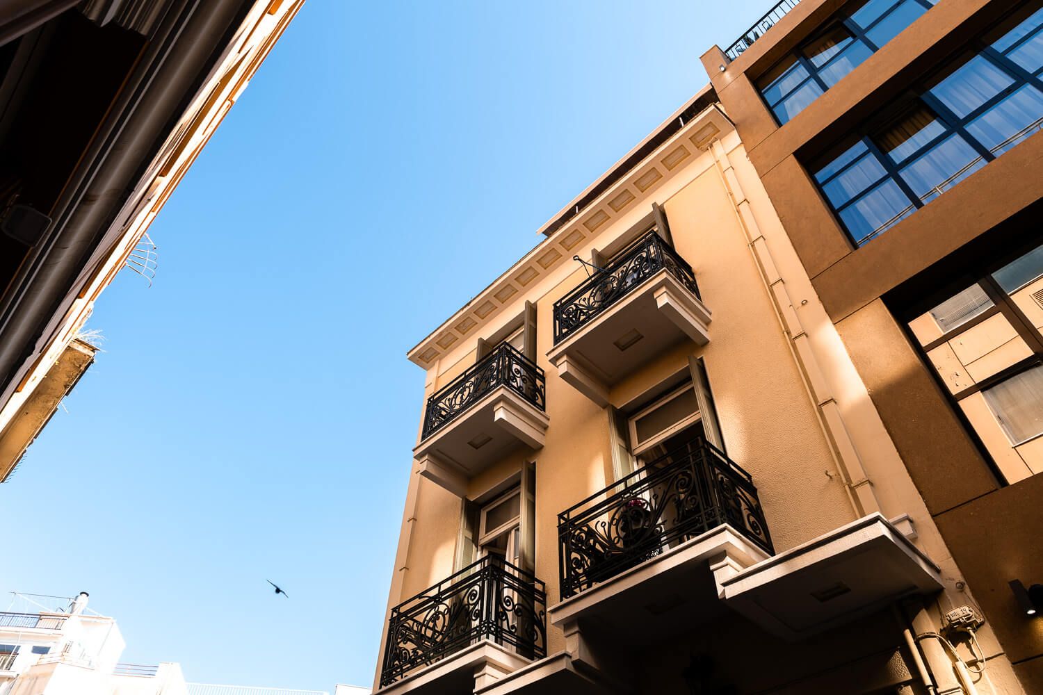 Restored 1934 neoclassical building facade in Athens center