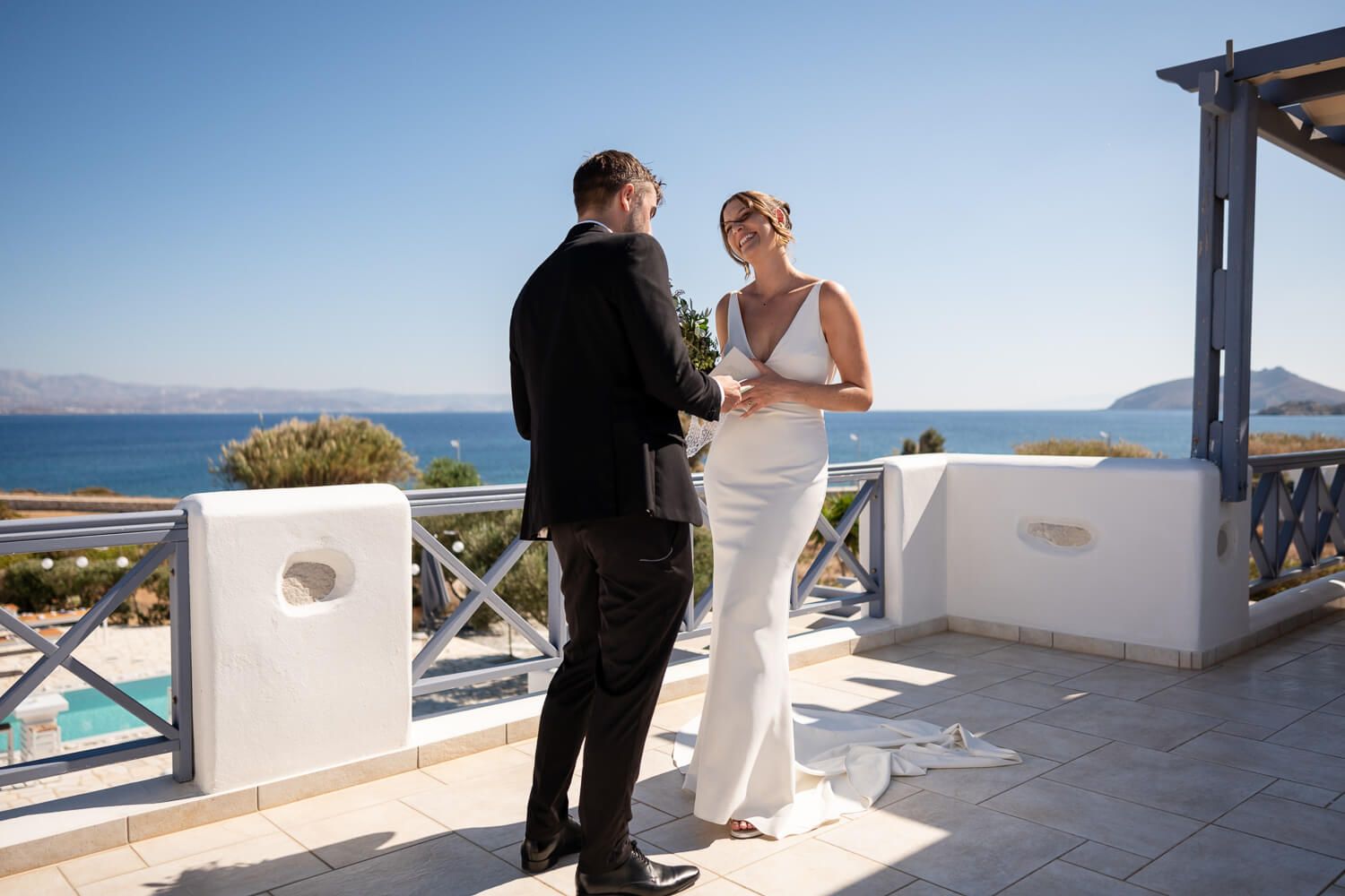 Panoramic view of Ambelas coastline during a private wedding moment