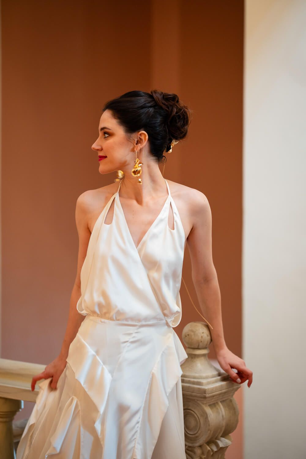 Candid bridal portrait before an elegant destination wedding in Greece