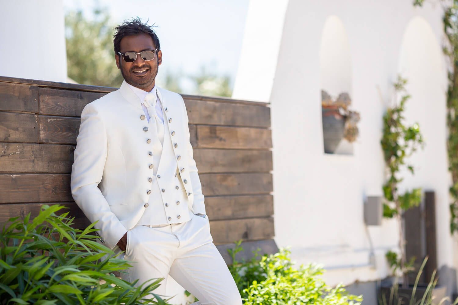 Groom looking relaxed before his wedding ceremony at Pyrgaki hotel