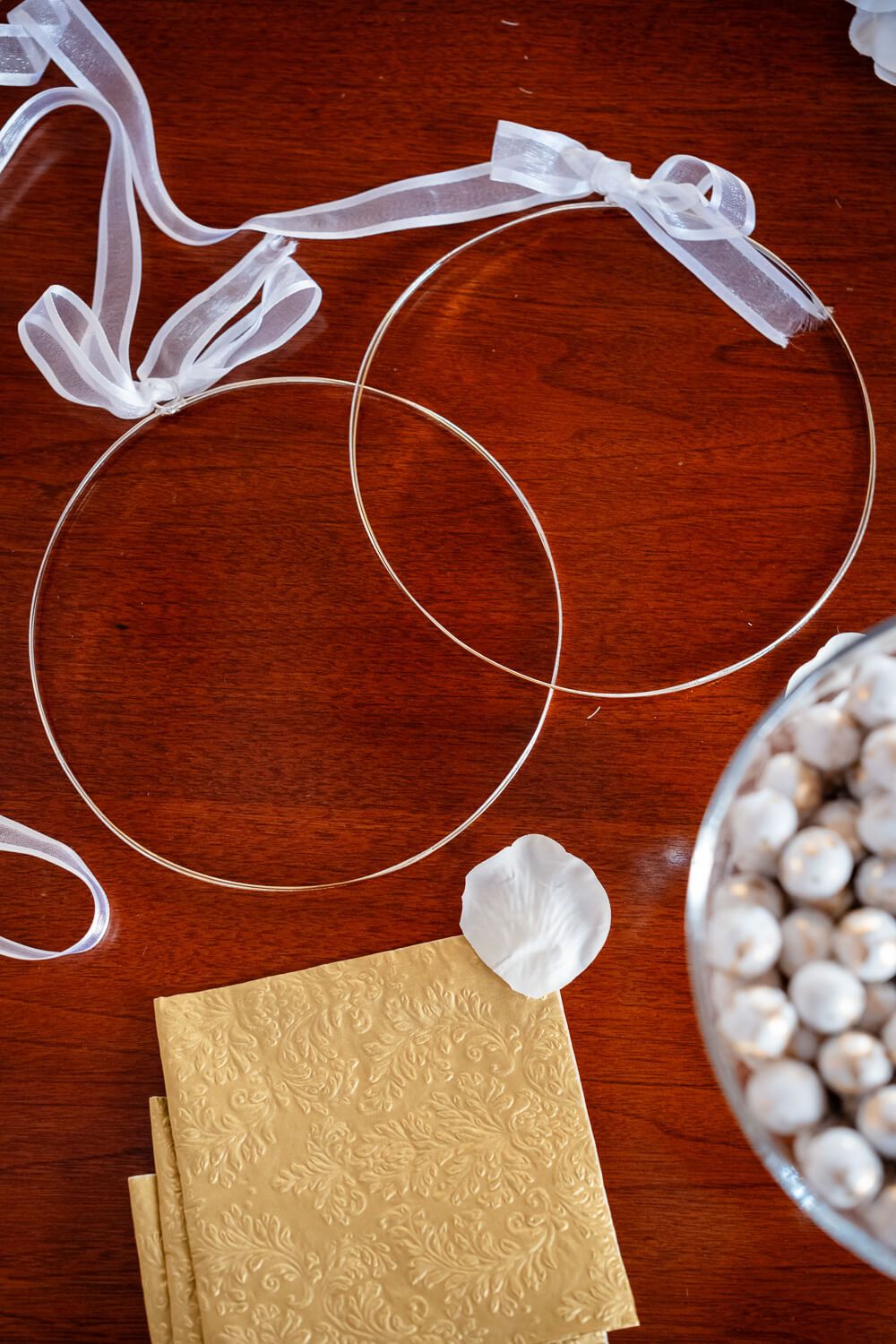 Close up of bridal accessories in a neoclassical room