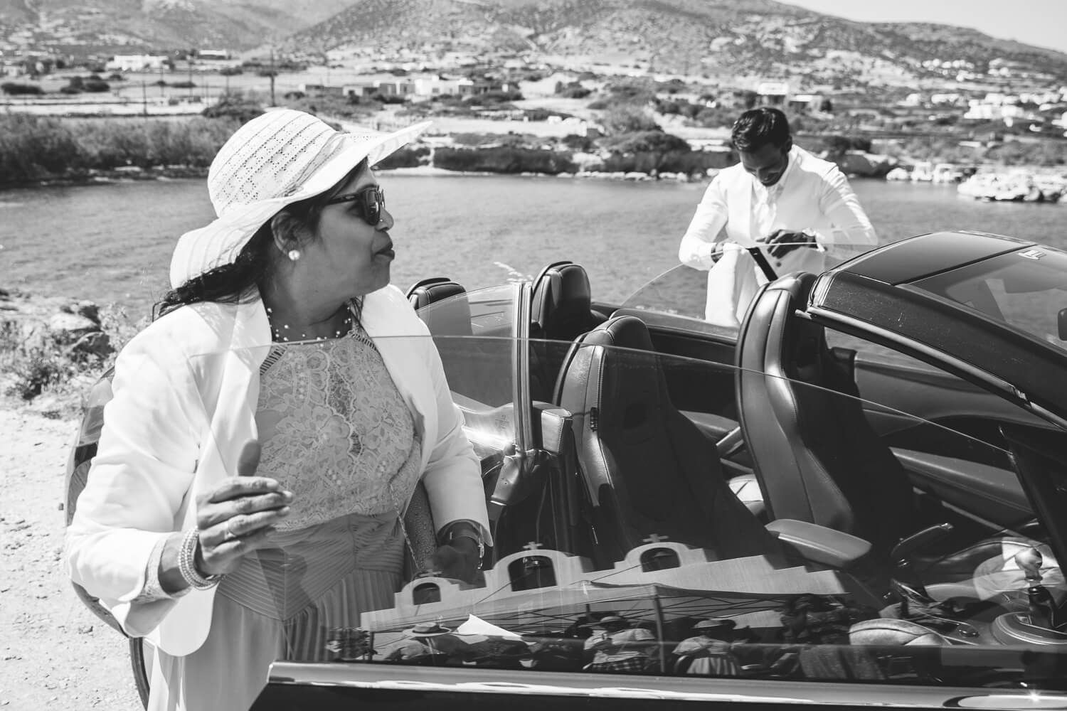Groom arriving at the church for a symbolic wedding ceremony at Pyrgaki Paros