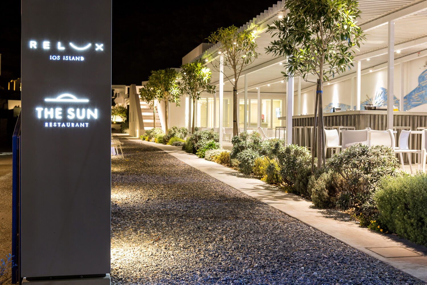 Nighttime architectural details of a luxury Greek resort