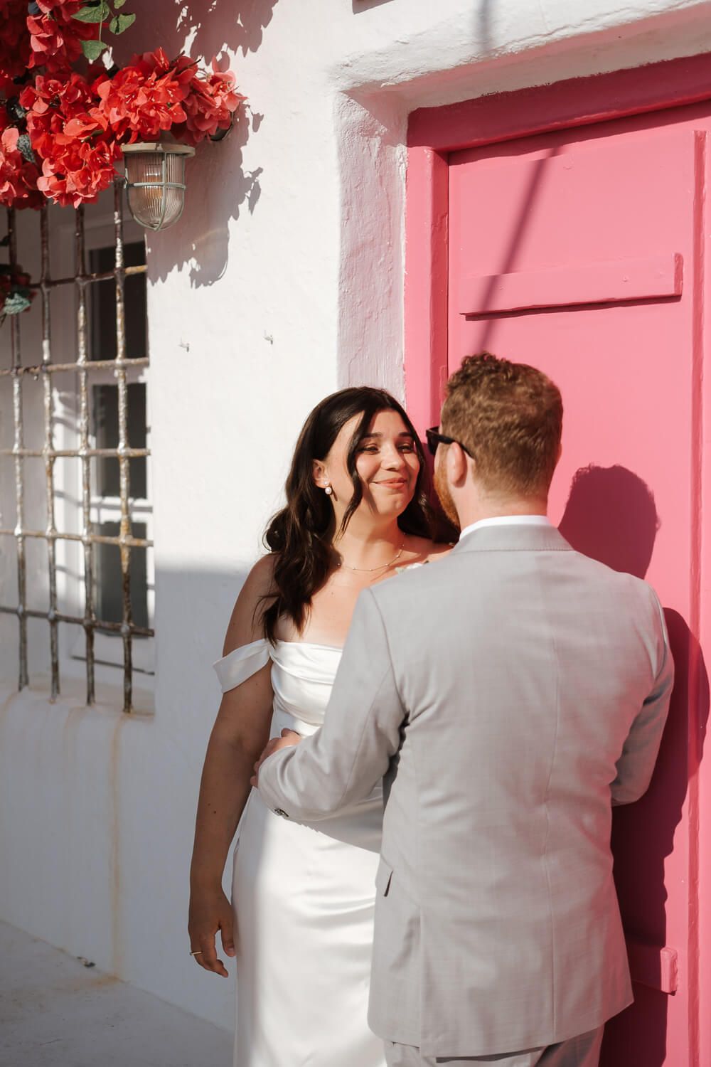 Candid wedding moment wandering in Naoussa village