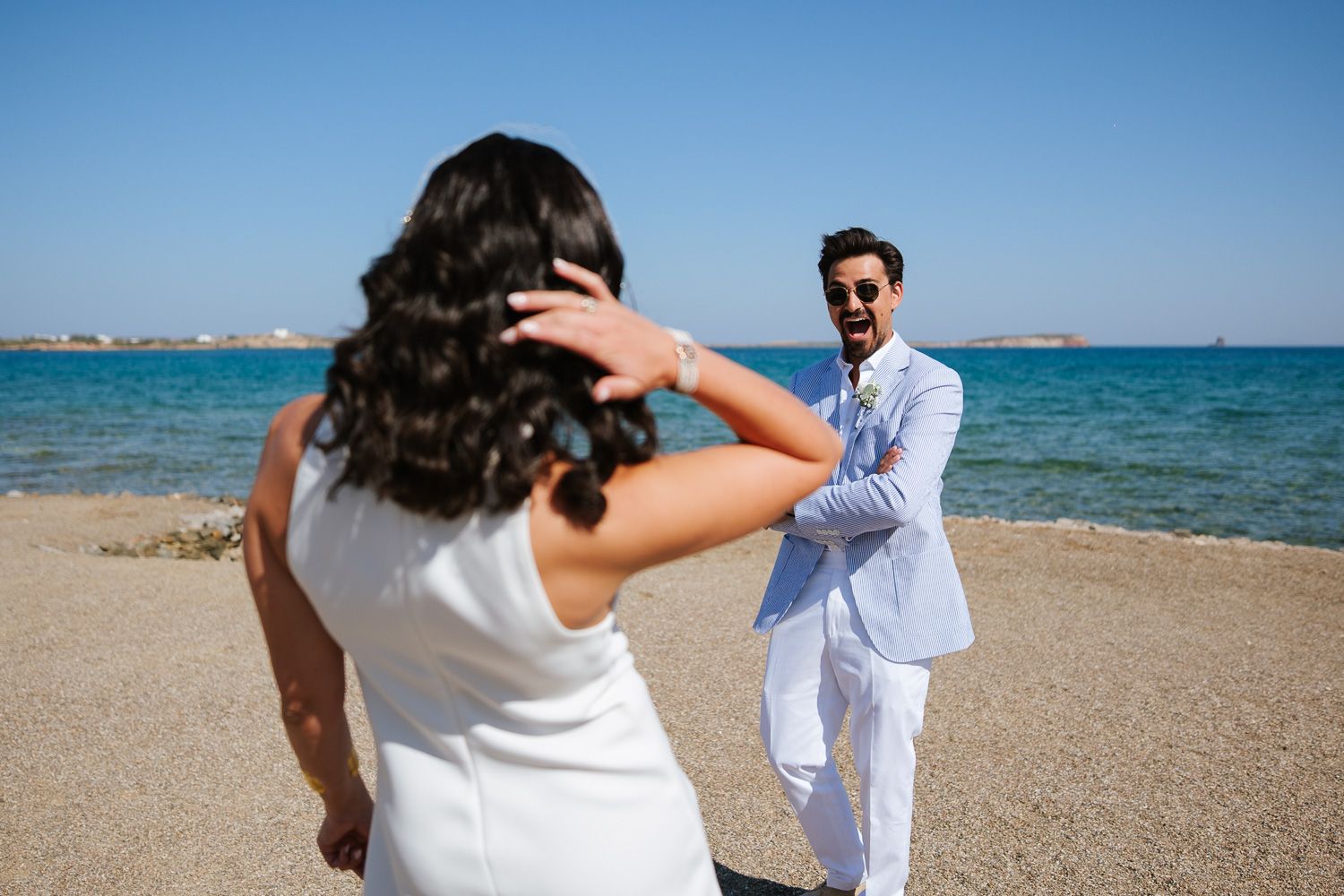 First look of bride and groom at Seesoo Paros hotel