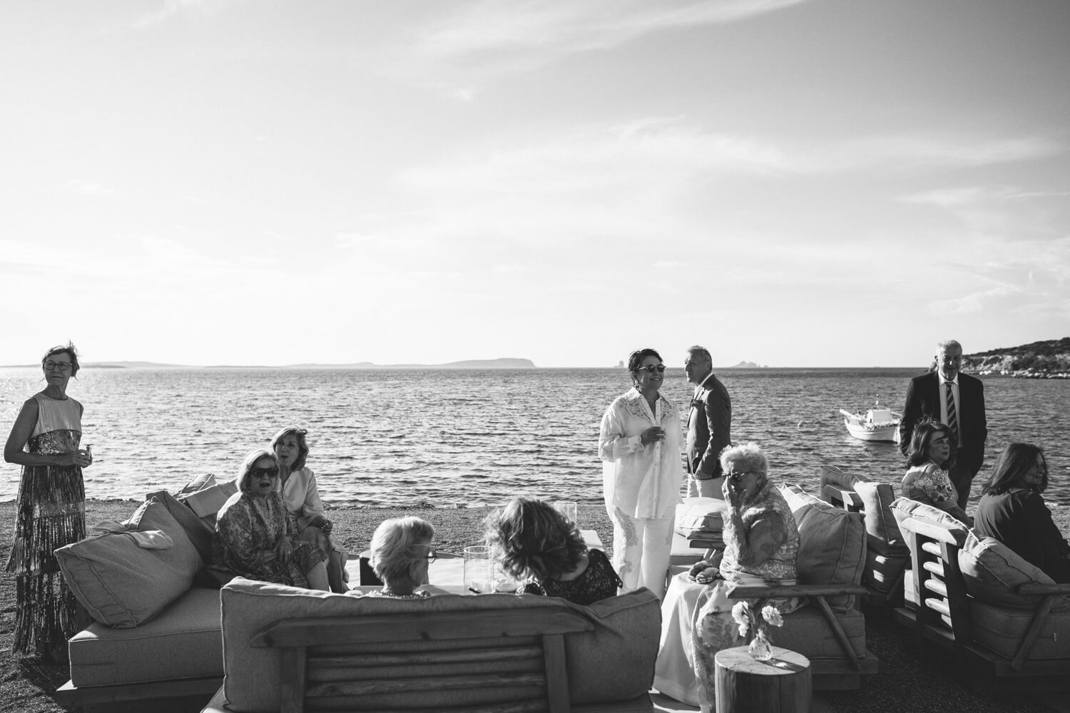 black and white photo of guests during  wedding at Seesoo beachside venue