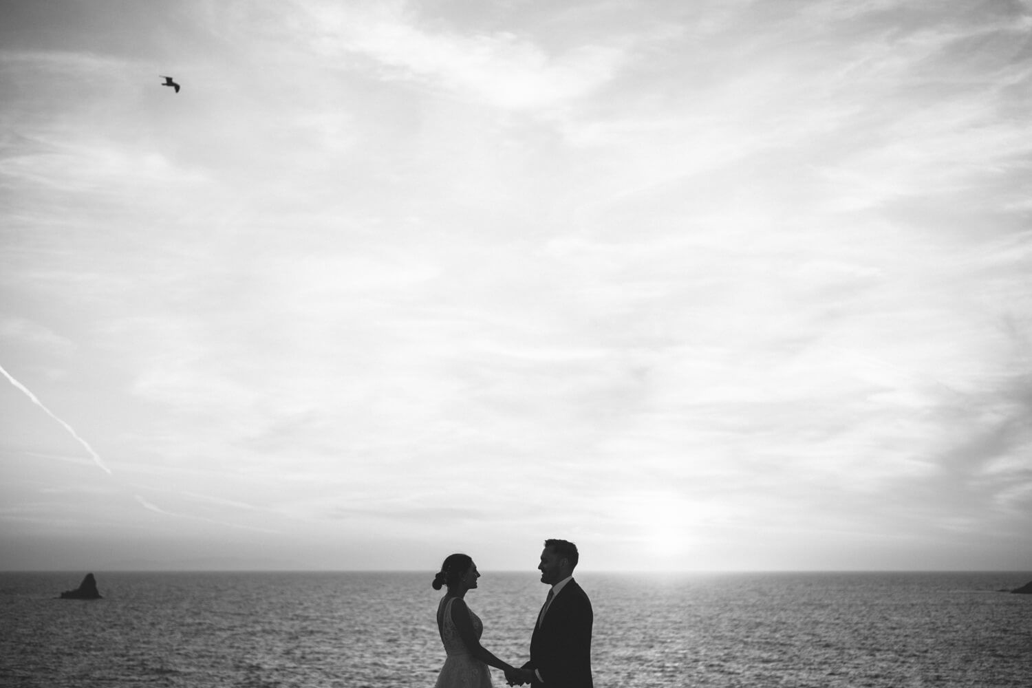 Cinematic black and white wedding portrait of an eloping couple in Greece