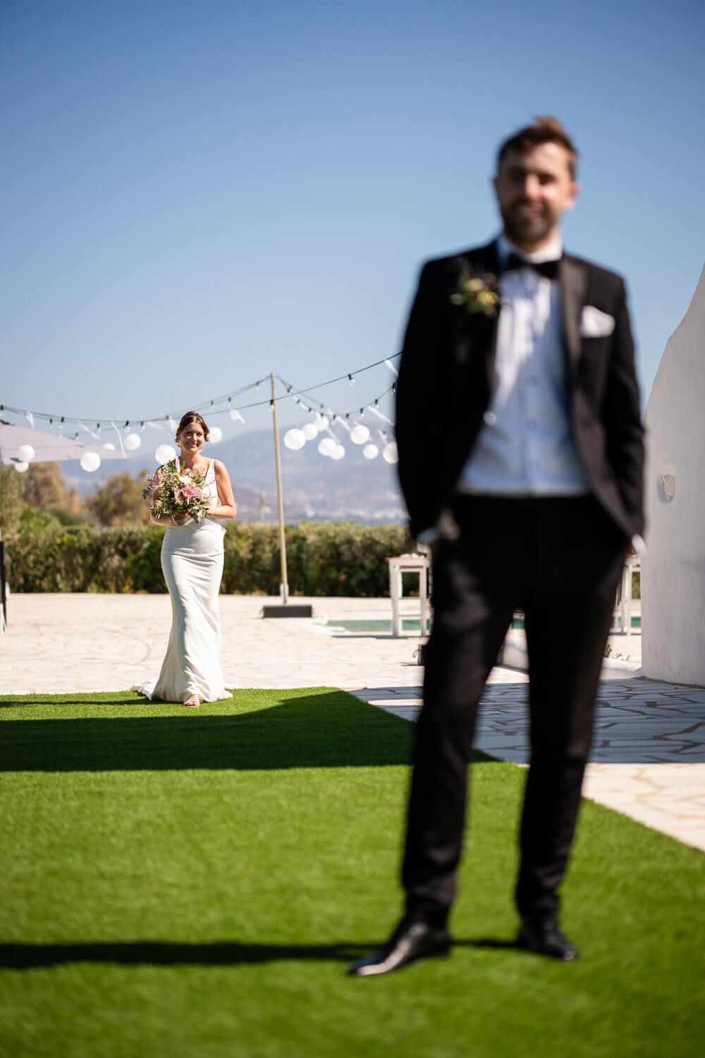 Groom Daniel waiting for the First Look at Villa Virginia Paros