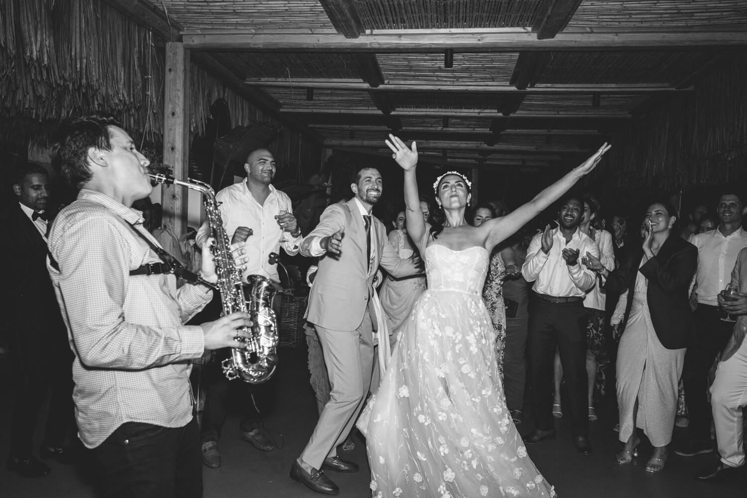 High energy wedding party at Seesoo Paros with guests dancing