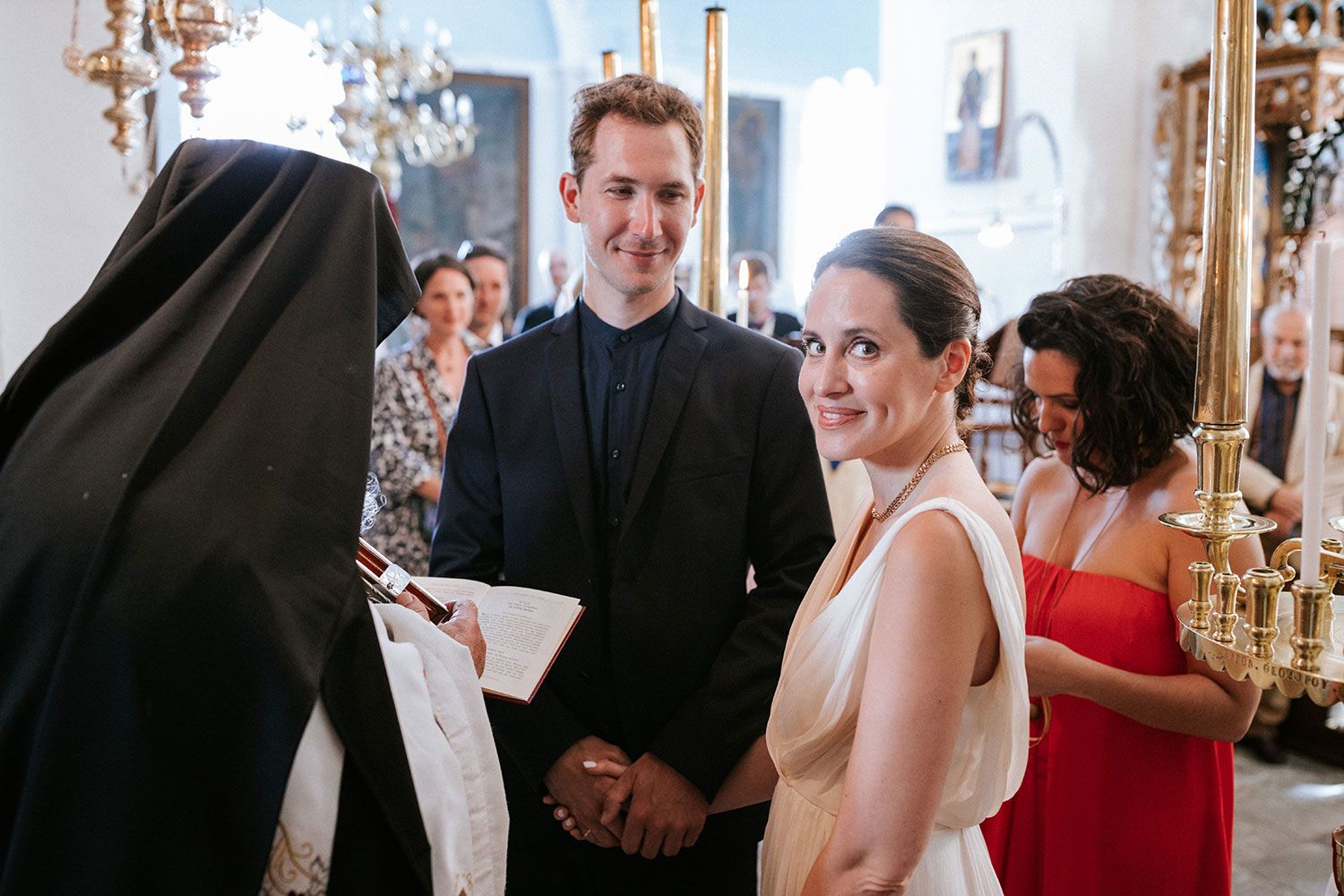 Nora and David during their wedding ceremony in Amorgos