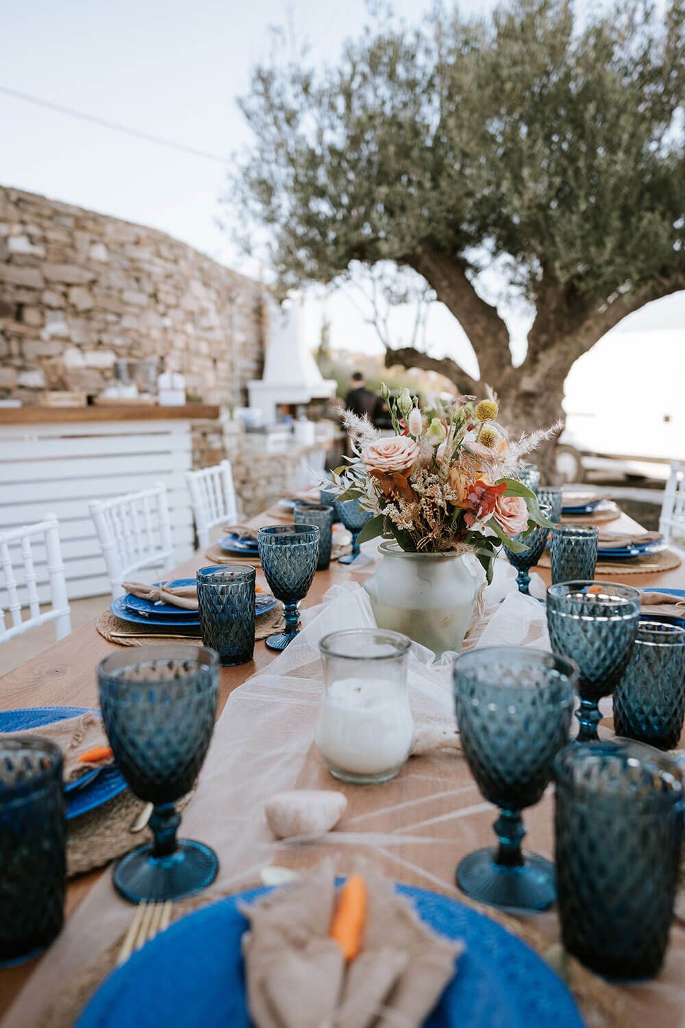Elegant and carefree boho wedding setup in the Cyclades