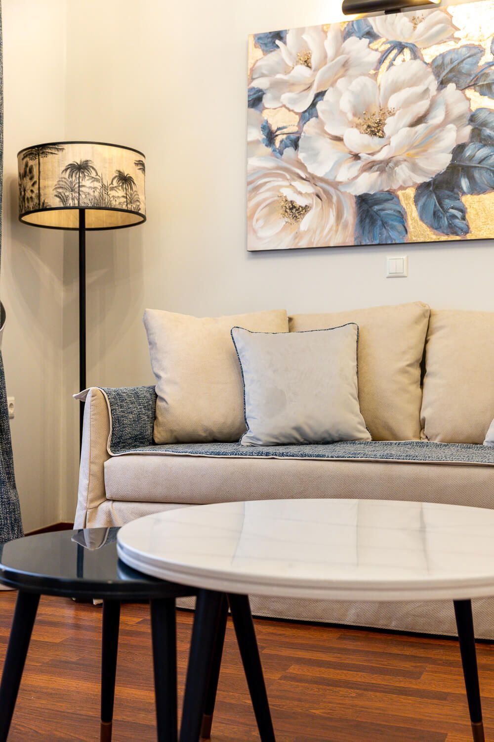 Hardwood floors and contemporary art in a luxury suite in Athens
