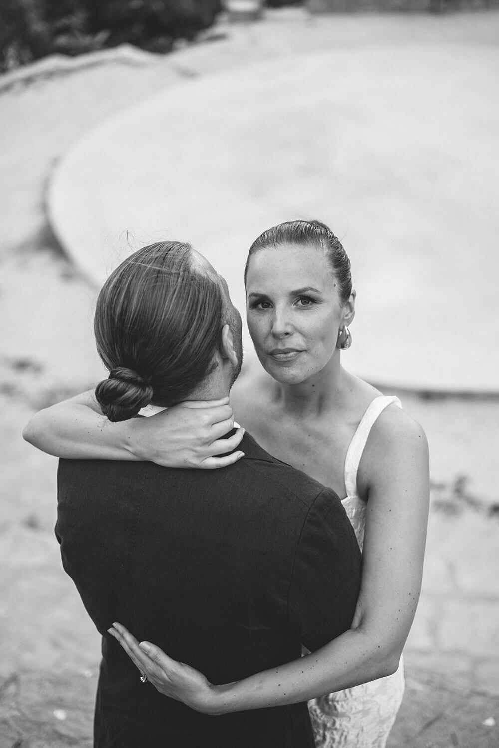 Romantic wedding portrait at Monastiri peninsula during golden hour