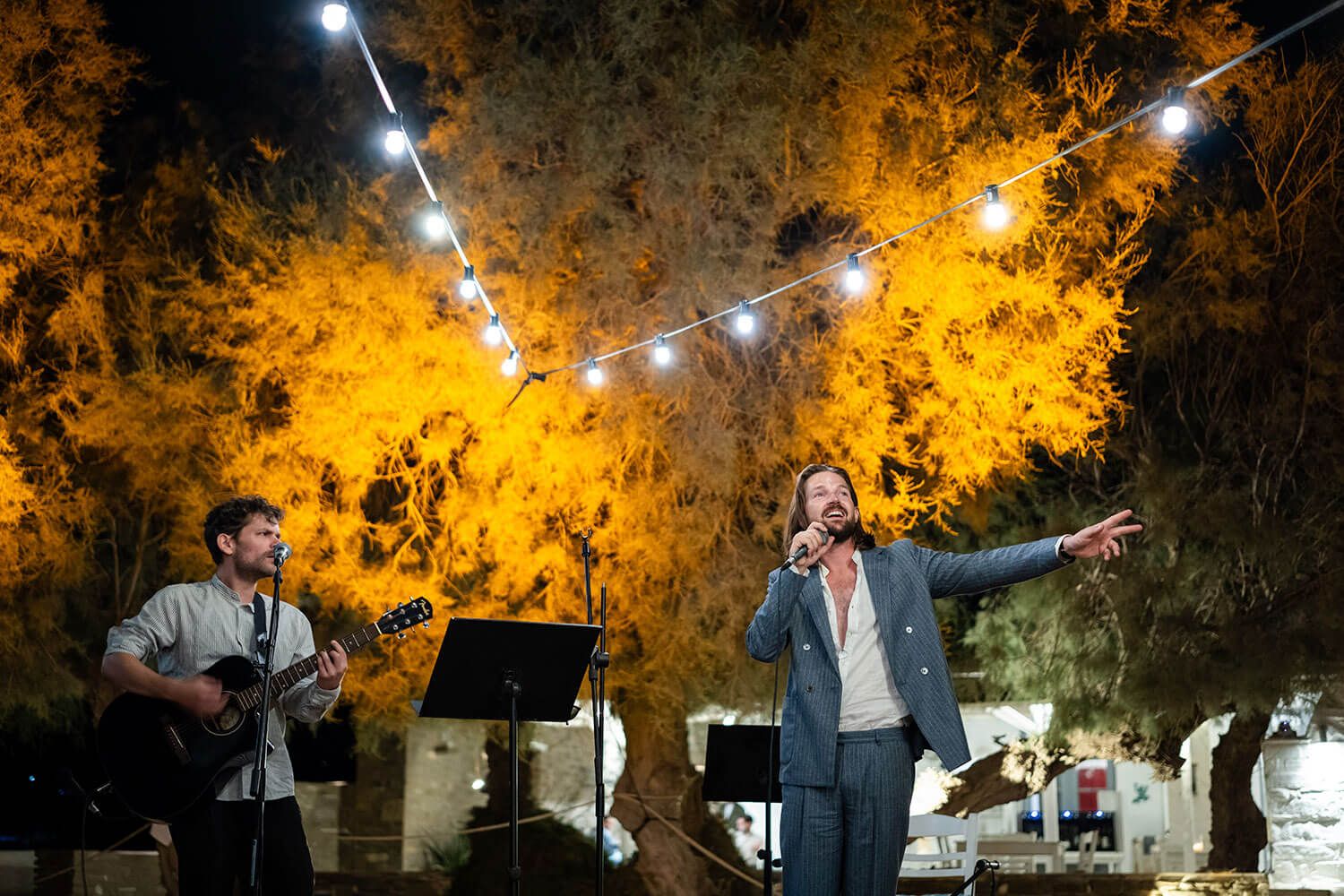 Live Greek music entertaining guests at a Paros destination wedding