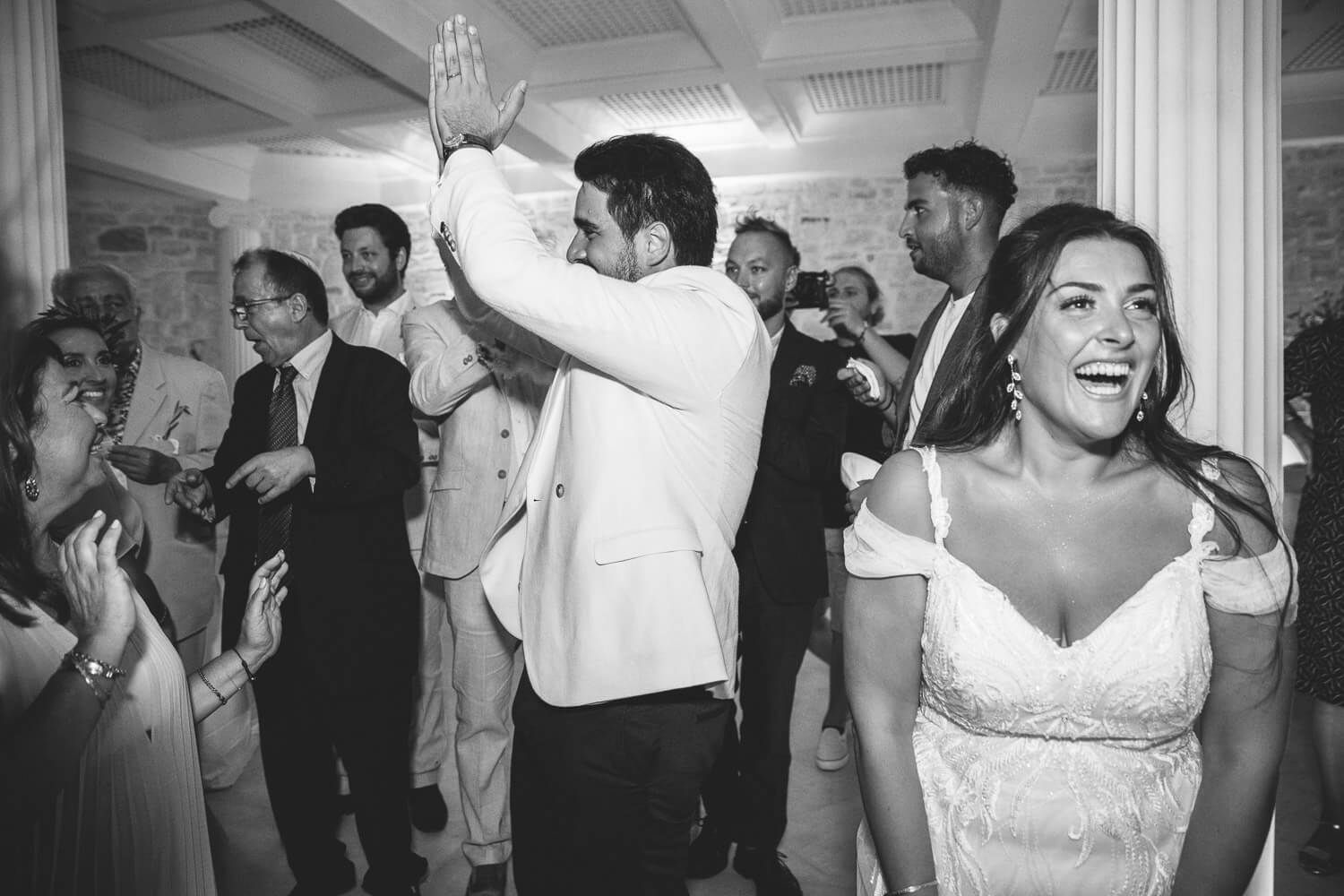 Black and white wedding portrait of Noemie and Mikael in Paros