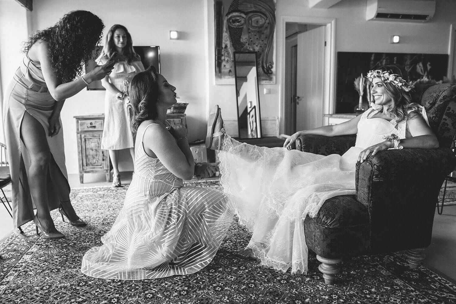 Documentary wedding photography of bridal prep in Paros