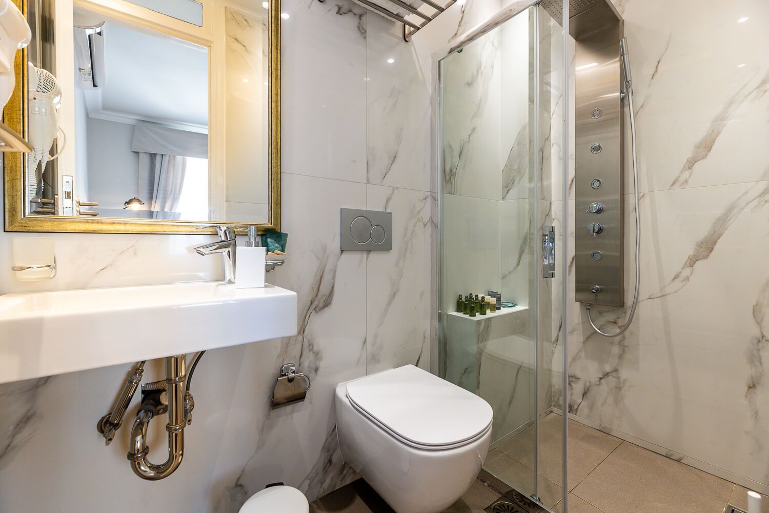 Modern bathroom design with luxury amenities in a historic building