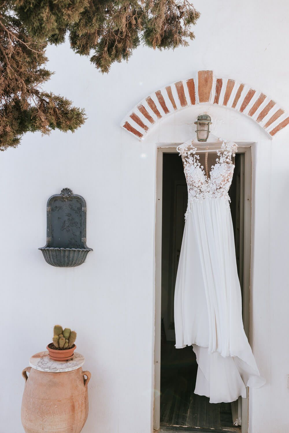Detail shot of the wedding dress in Antiparos home