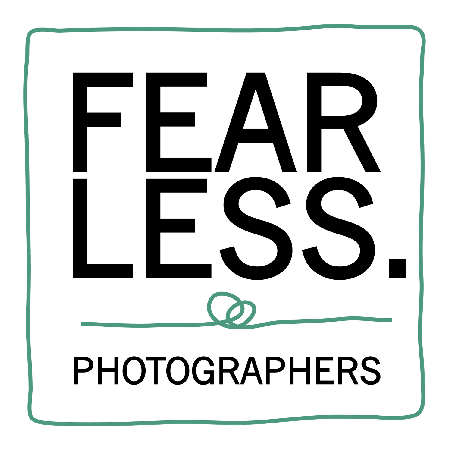 Fearless Photographers logo featuring bold black text on white background with teal border and interlinked rings symbol.