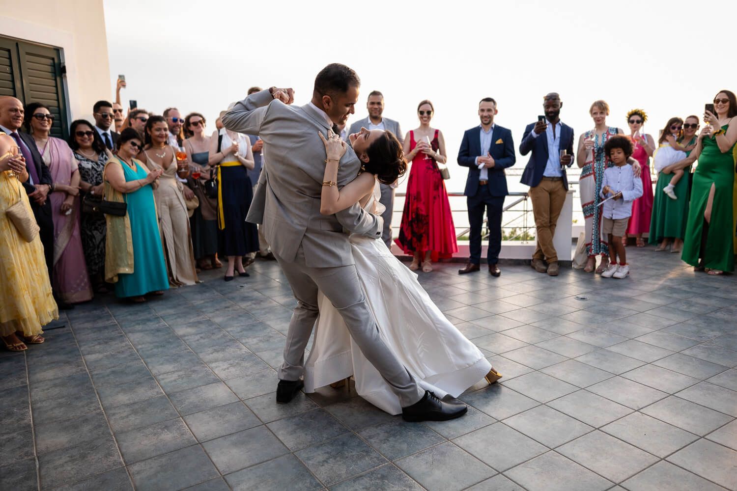 Dimitra and Akshay sharing their romantic first dance at Villa Komito