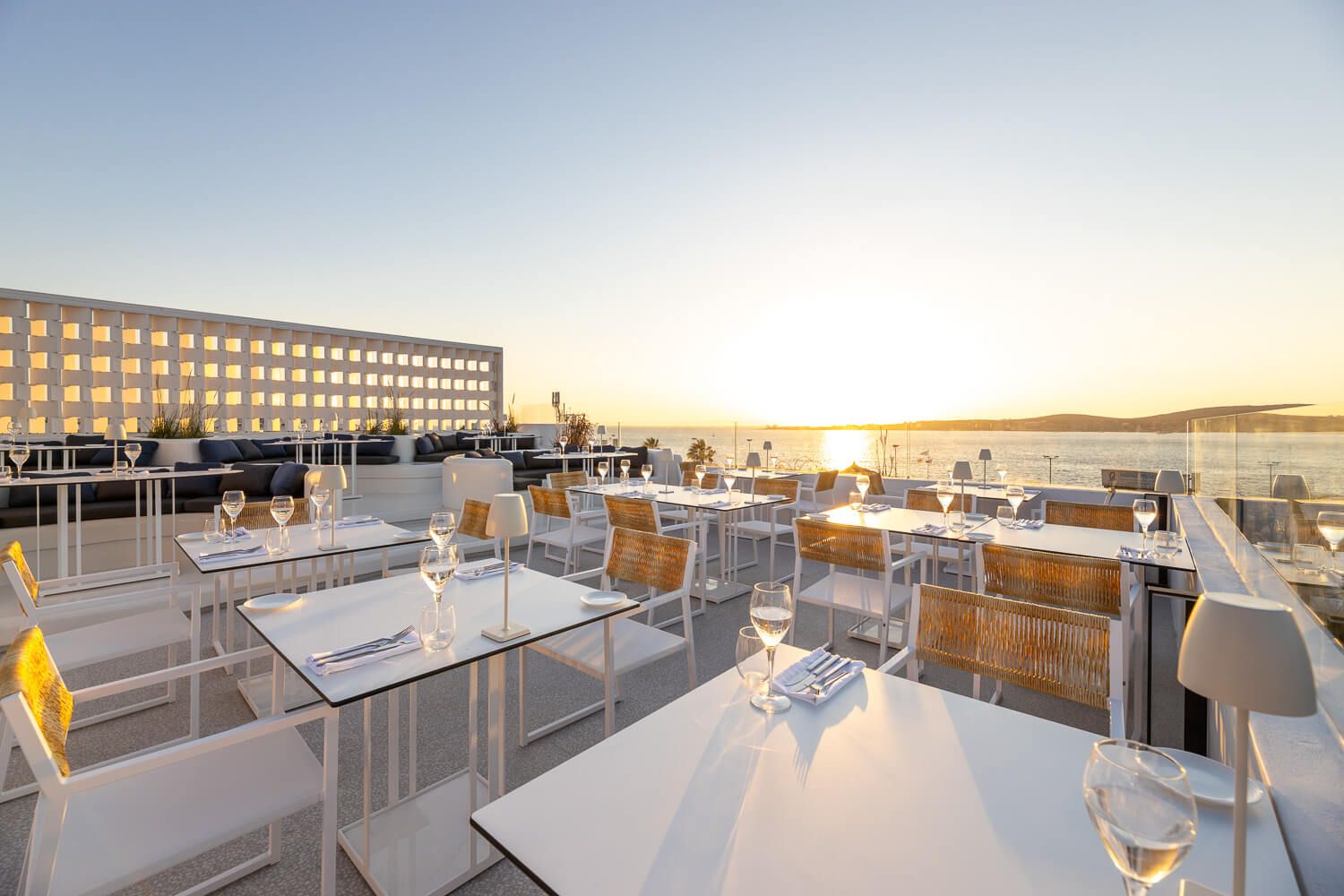 Panoramic horizon and bay views from a luxury Greek restaurant