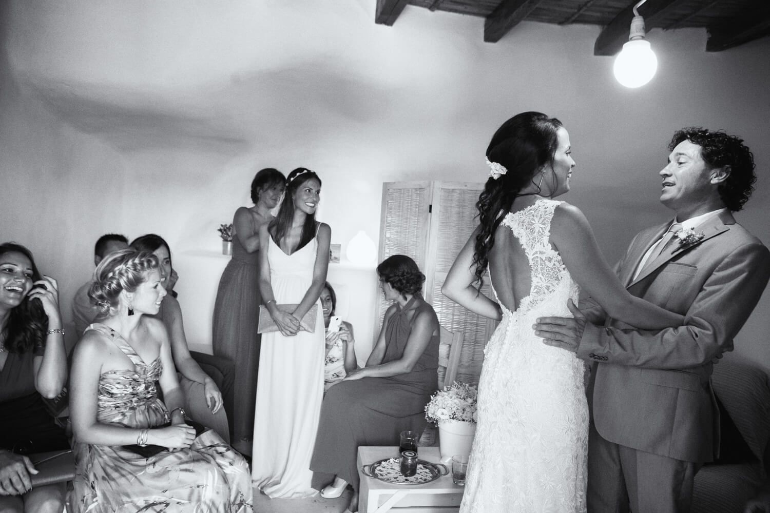 Emotional moment between bride and mother in Milos