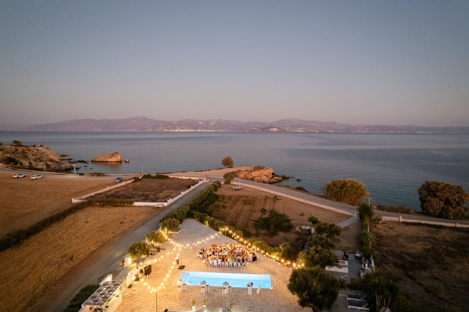 Panoramic aerial view of Ναχοσ in the golden evening light.