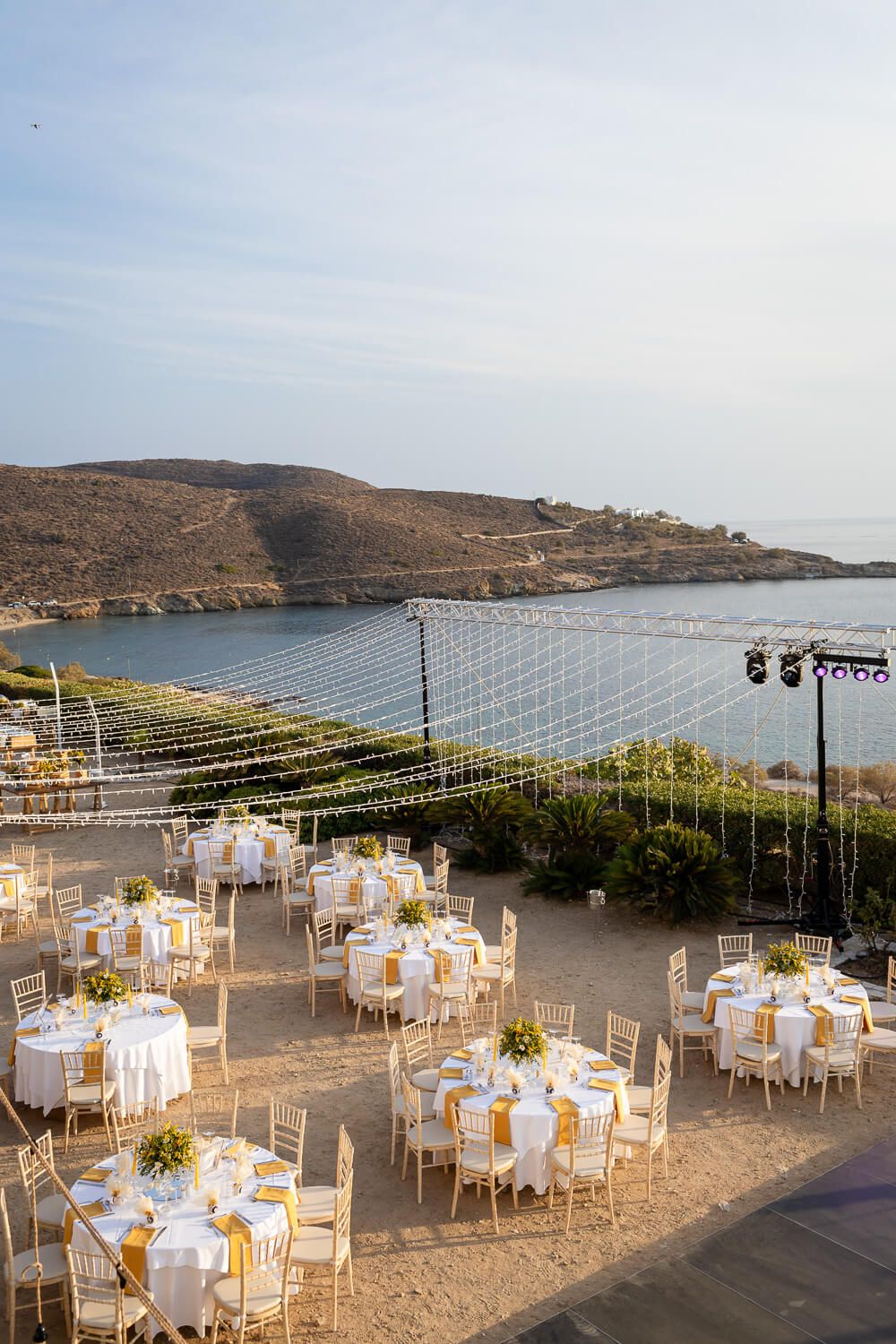 Stunning outdoor wedding reception setup at Villa Komito Syros