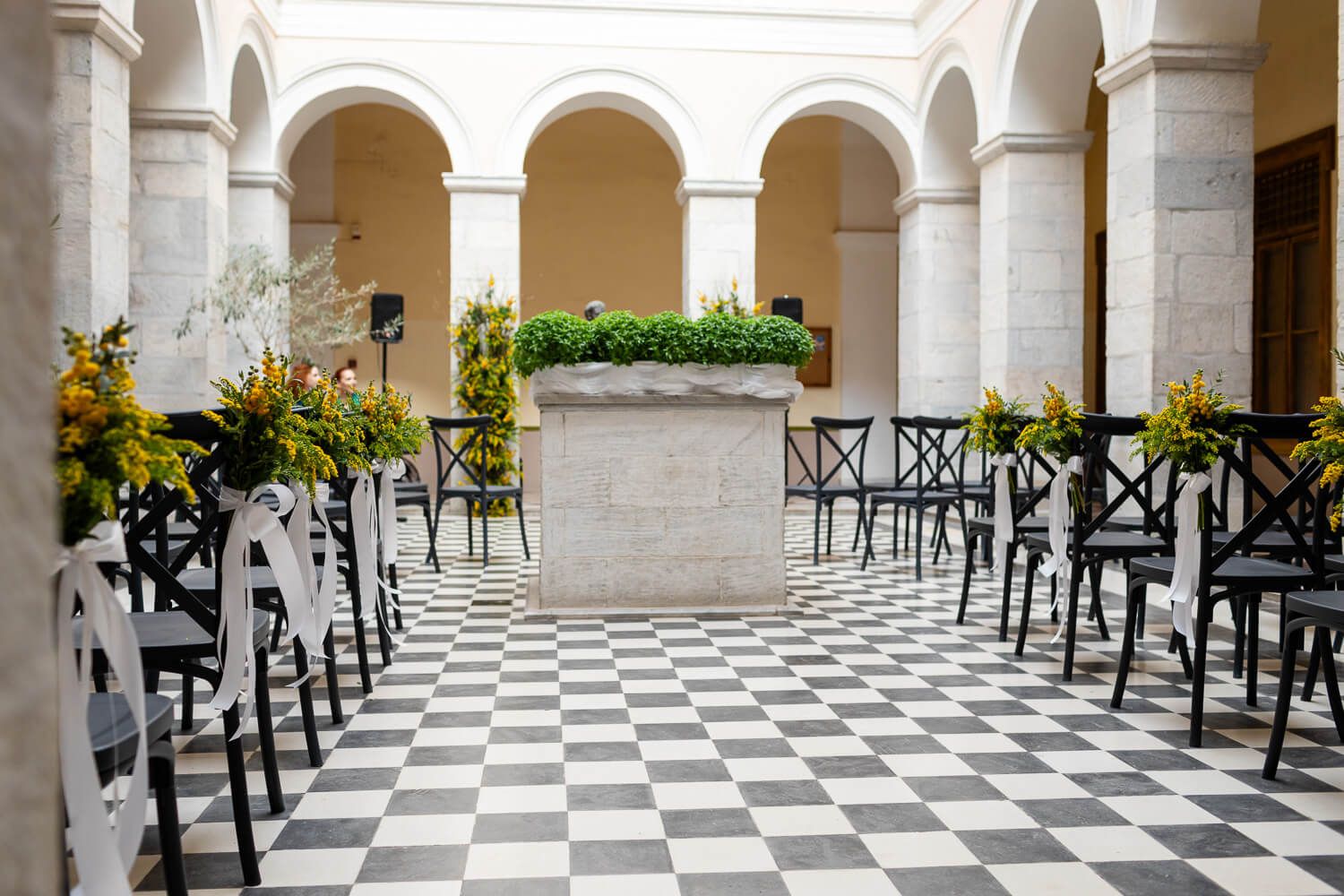 Beautiful patio of the town hall decorated for a destination wedding