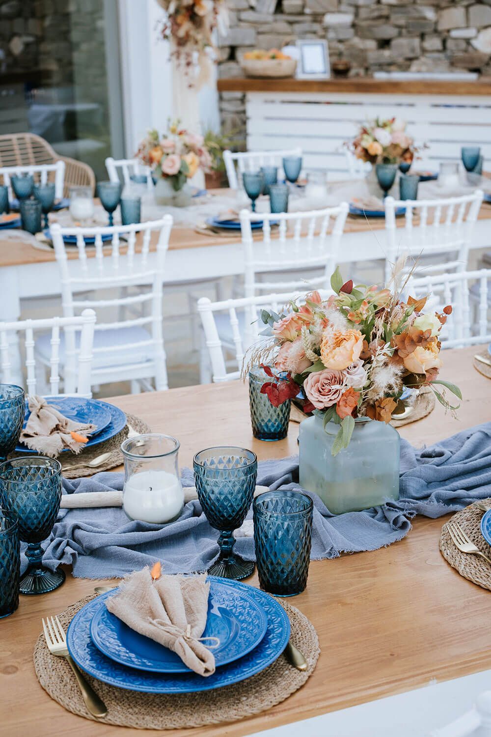 Boho chic wedding decorations at a private villa in Isterni Paros