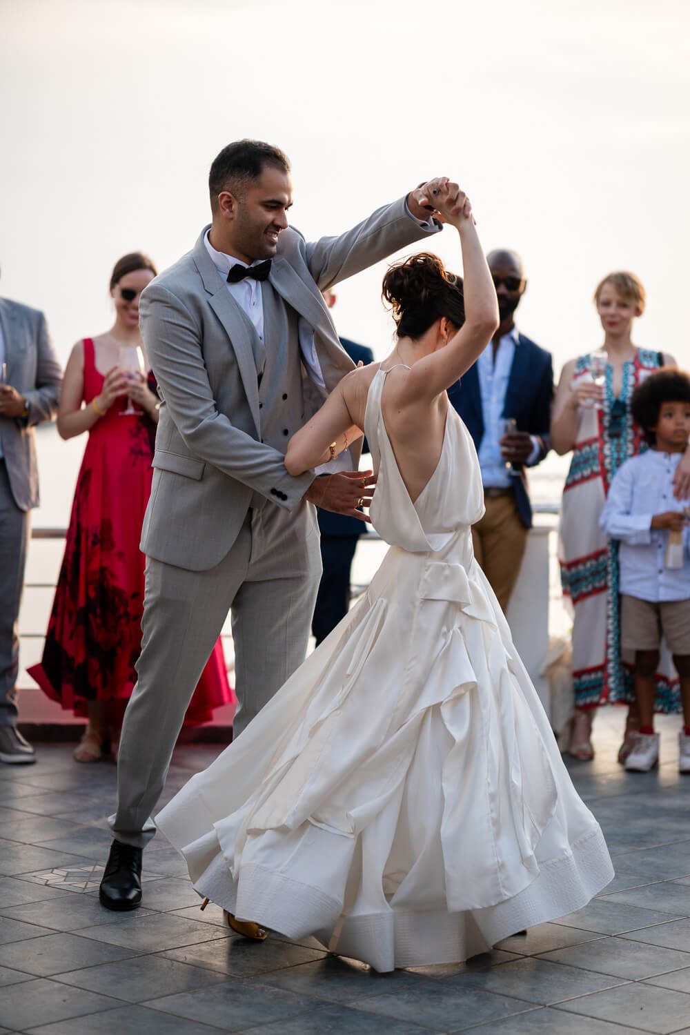 Dimitra and Akshay sharing their romantic first dance at Villa Komito