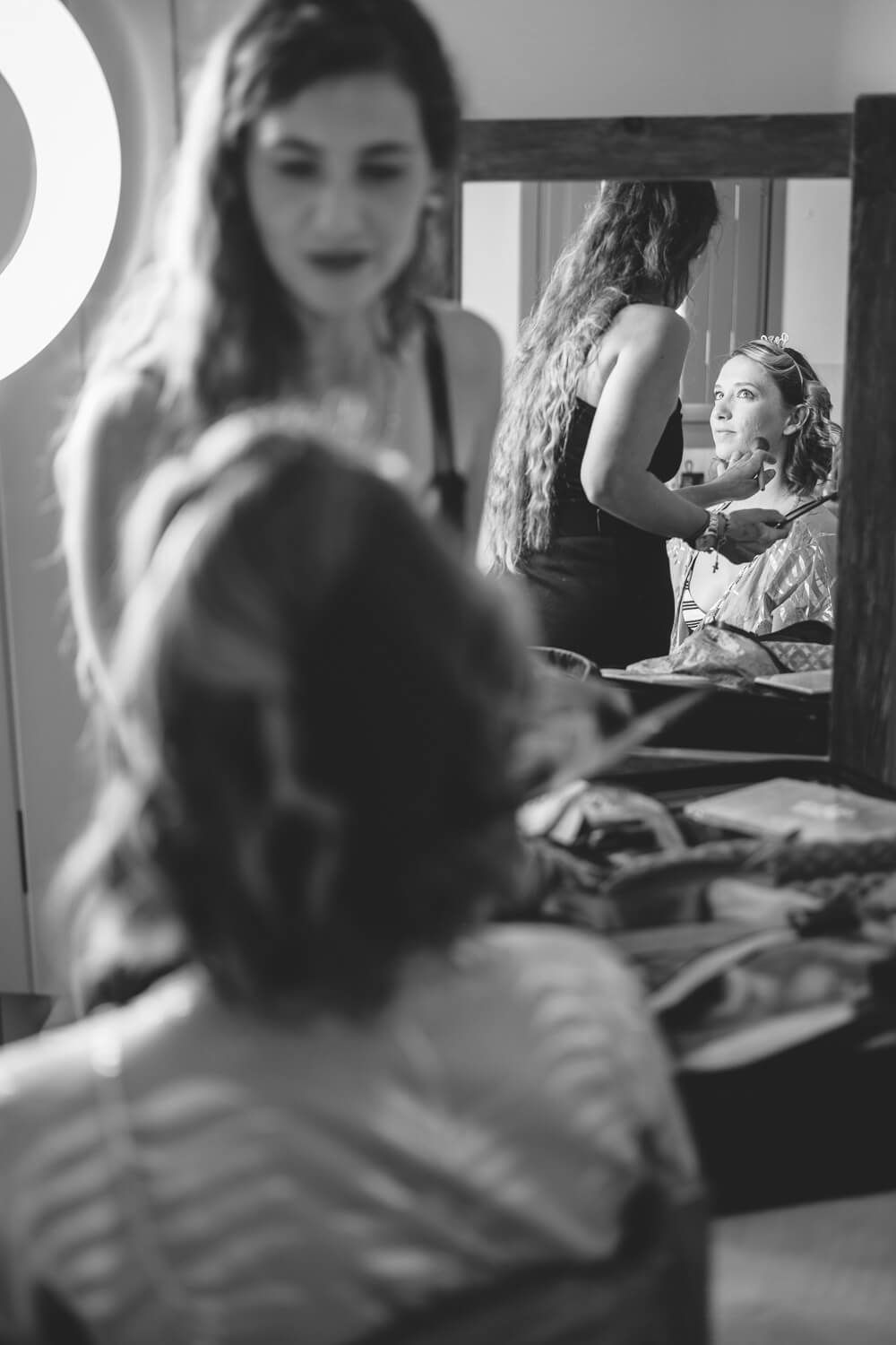 Documentary wedding photography of bridal preparation in Paros