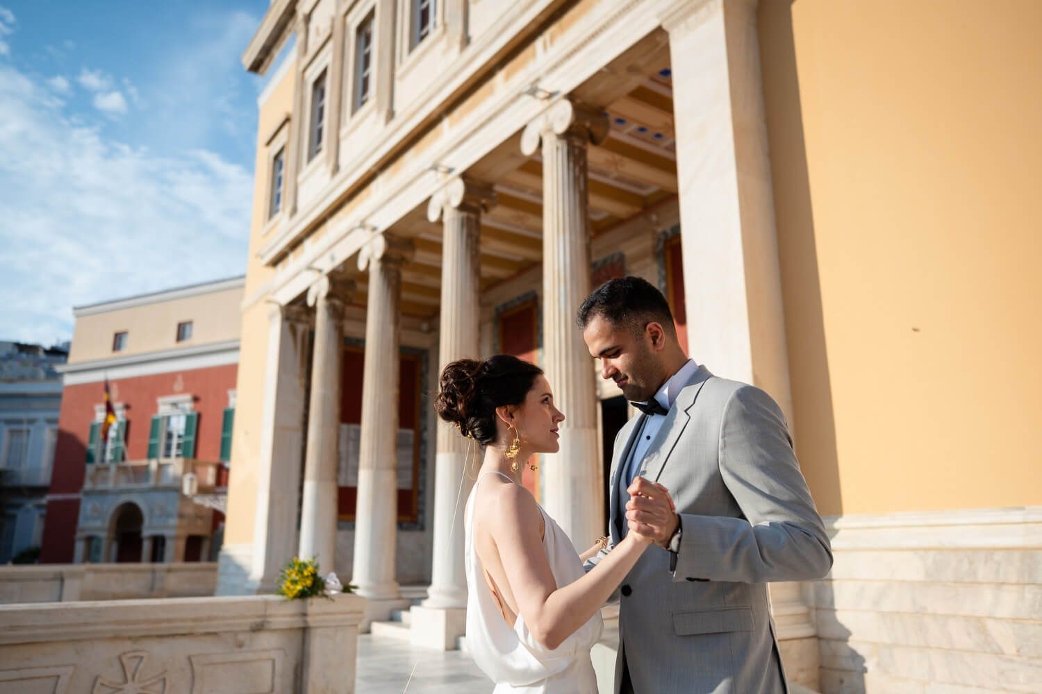 The couple rehearsing their first dance in Vaporia Syros