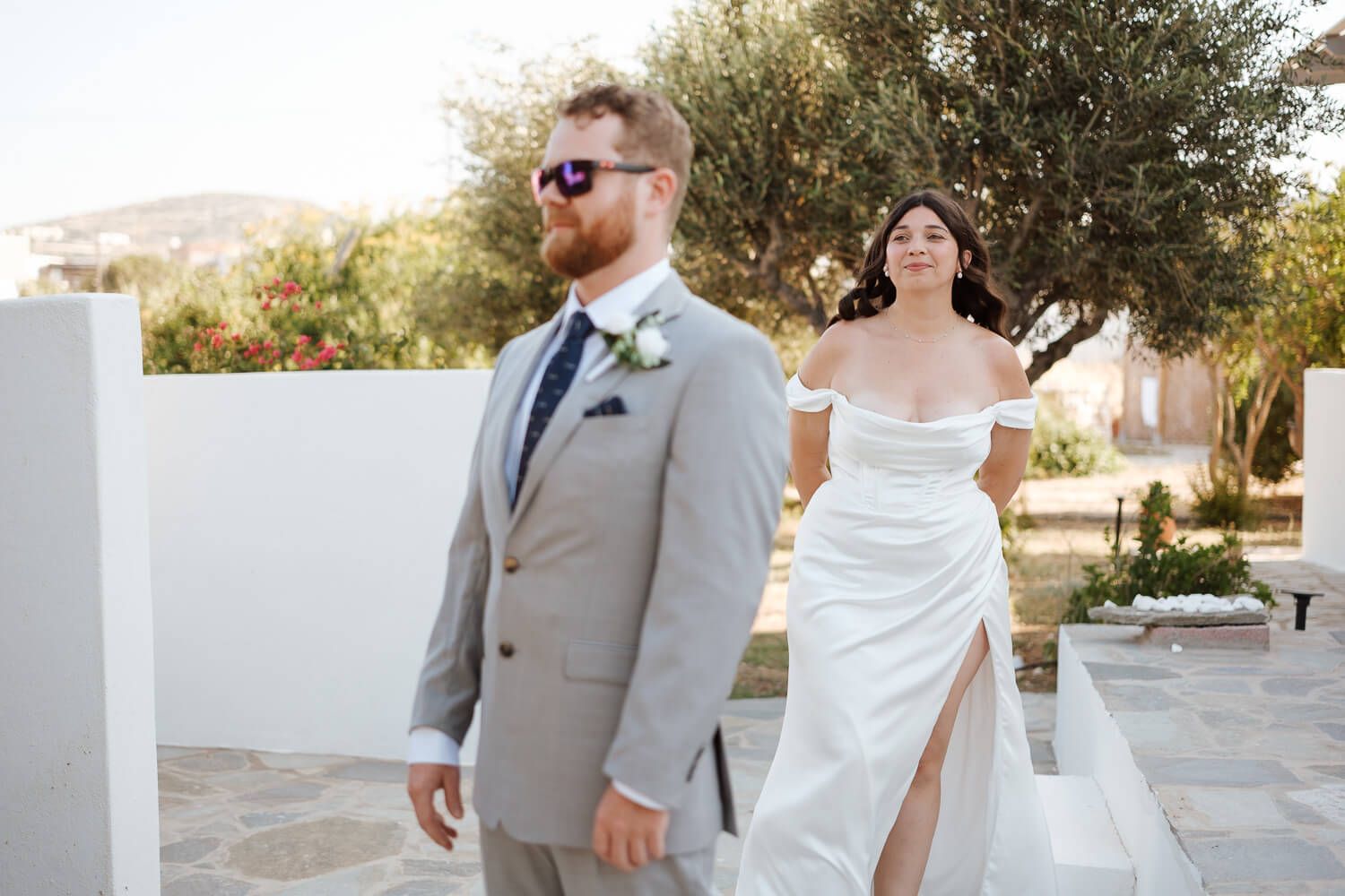 Emotional First Look at Paros hotel balcony
