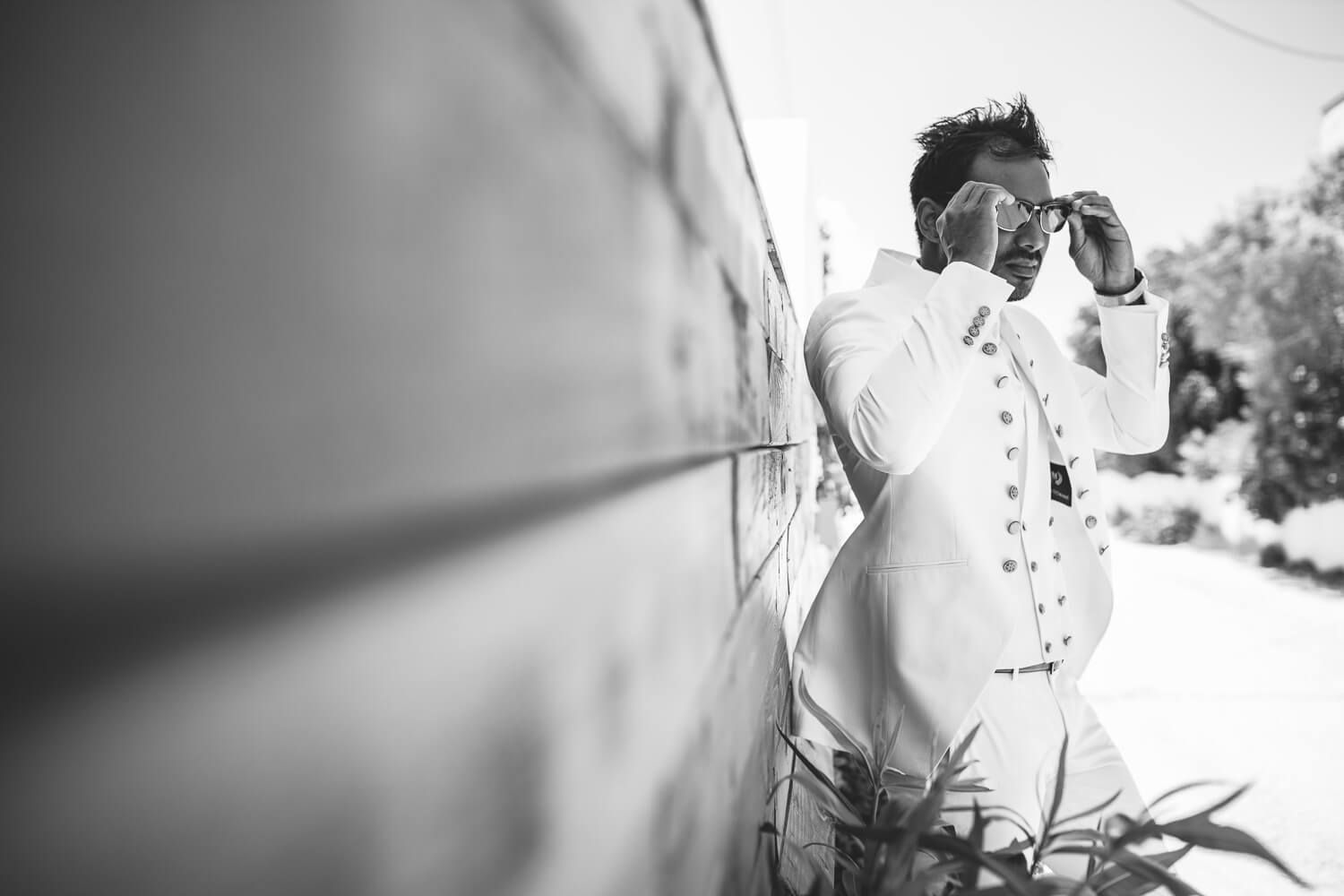 Groom looking relaxed before his wedding ceremony at Pyrgaki hotel