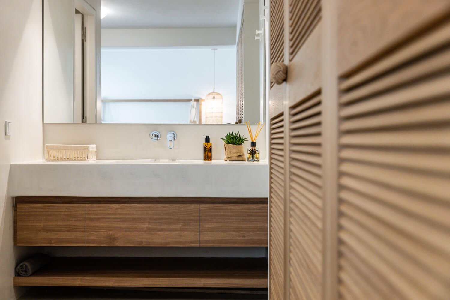 Luxury bathroom interior featuring premium wood textures