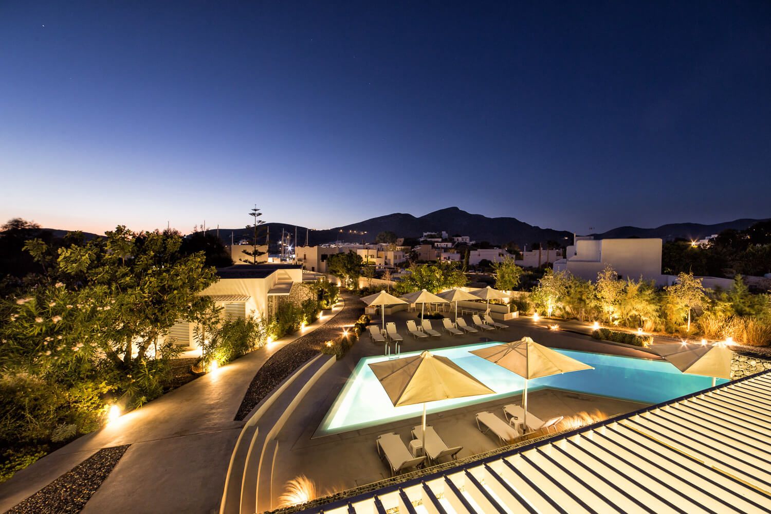 The calming spaces of a premium accommodation at twilight