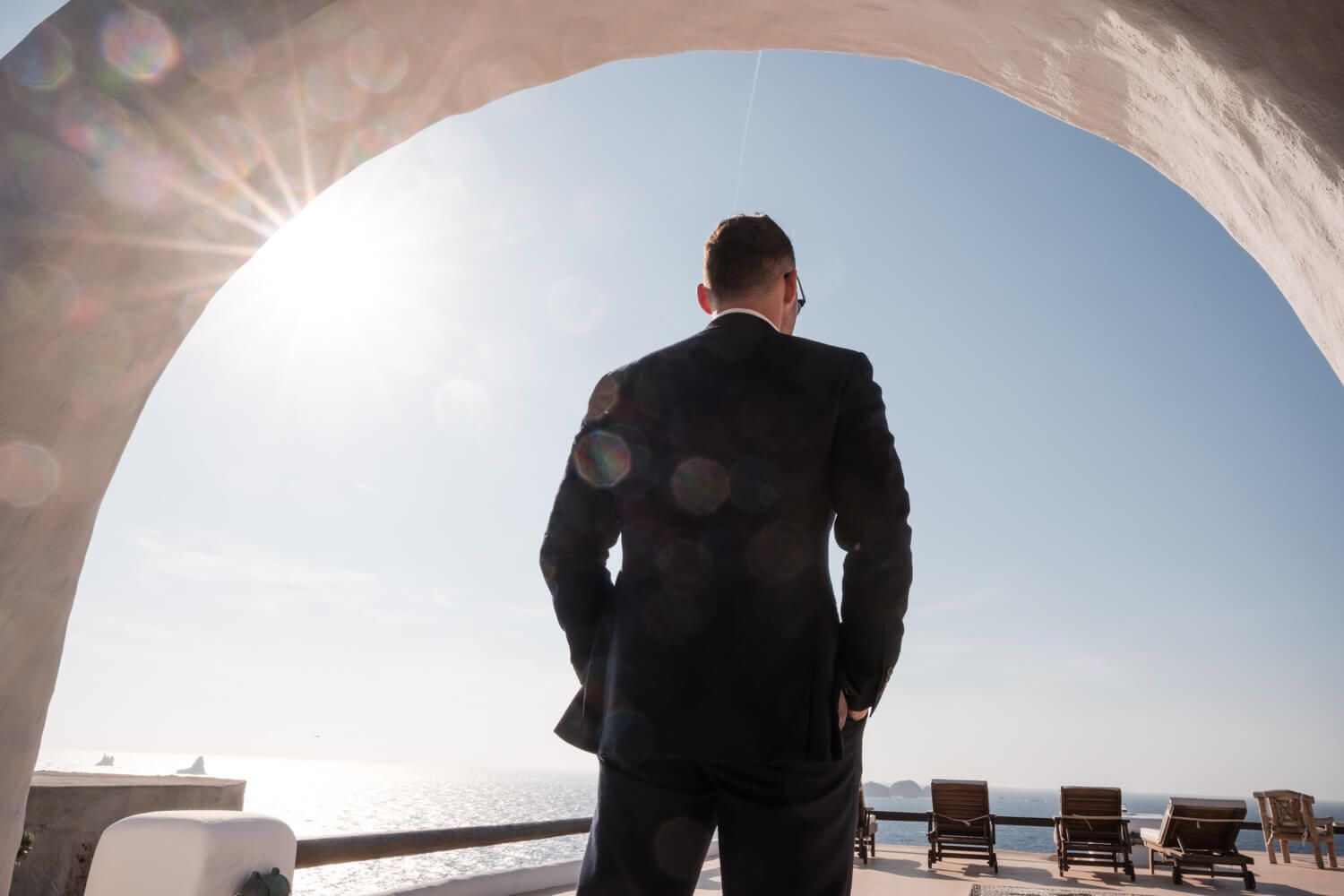 Groom Cody waiting before his private villa wedding in Paros