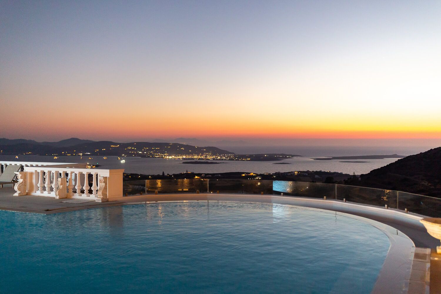 Villa Aethra illuminated with warm lights for an evening wedding party