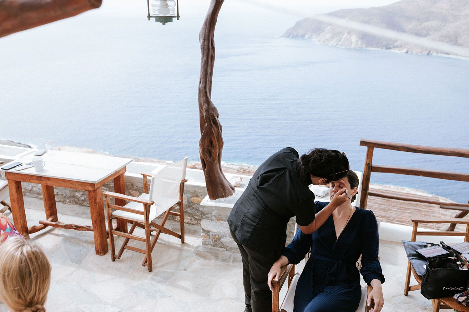 Aegean sea view during bridal preparations in Aigiali