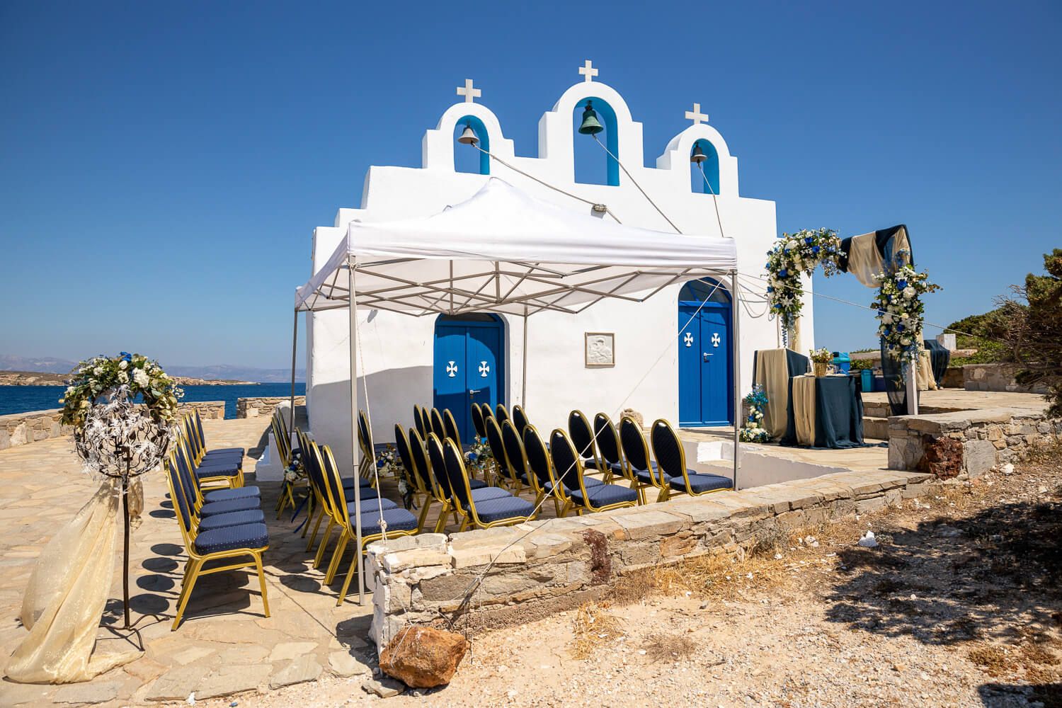 setup at  the church for a symbolic wedding ceremony at Pyrgaki Paros