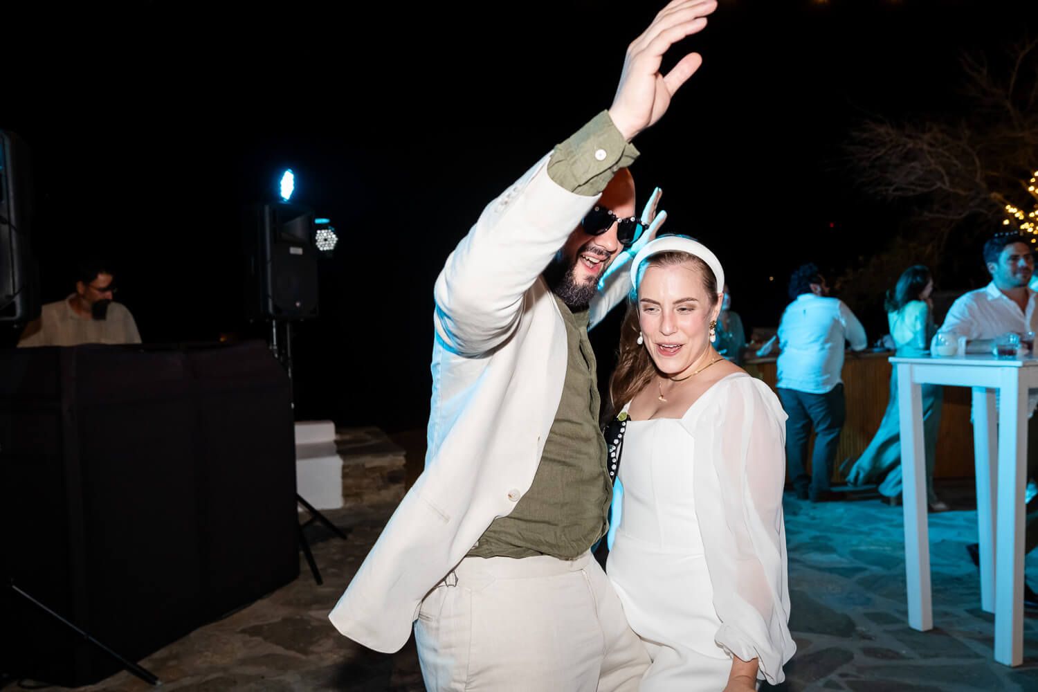 Marinos and Lisa sharing their romantic first dance under the stars in Paros