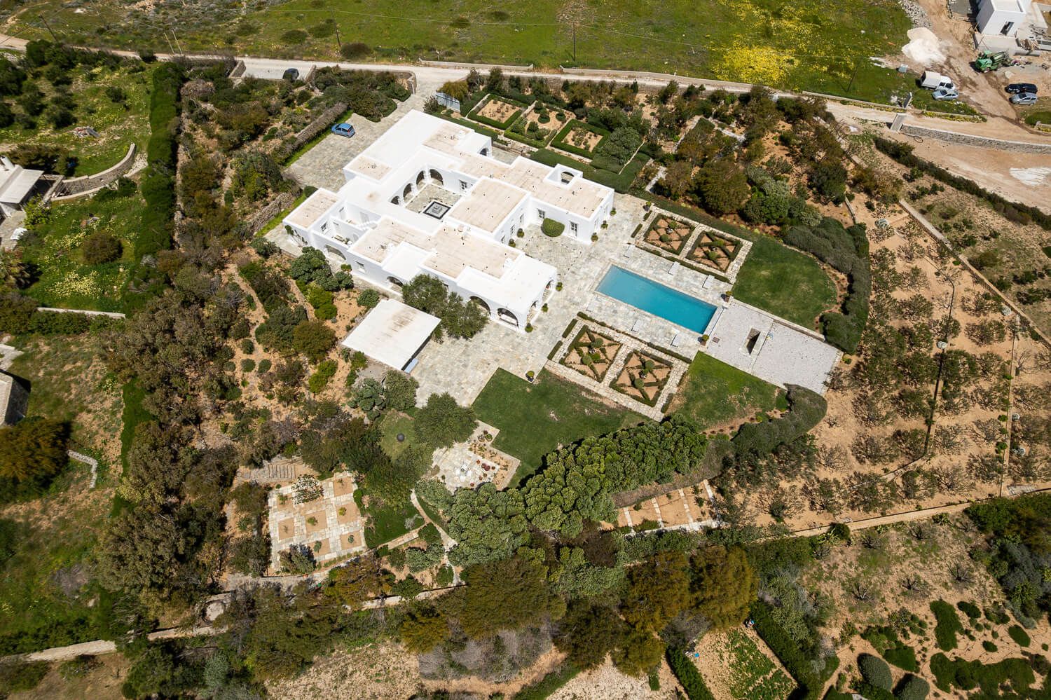 Aerial photo of a large Paros mansion