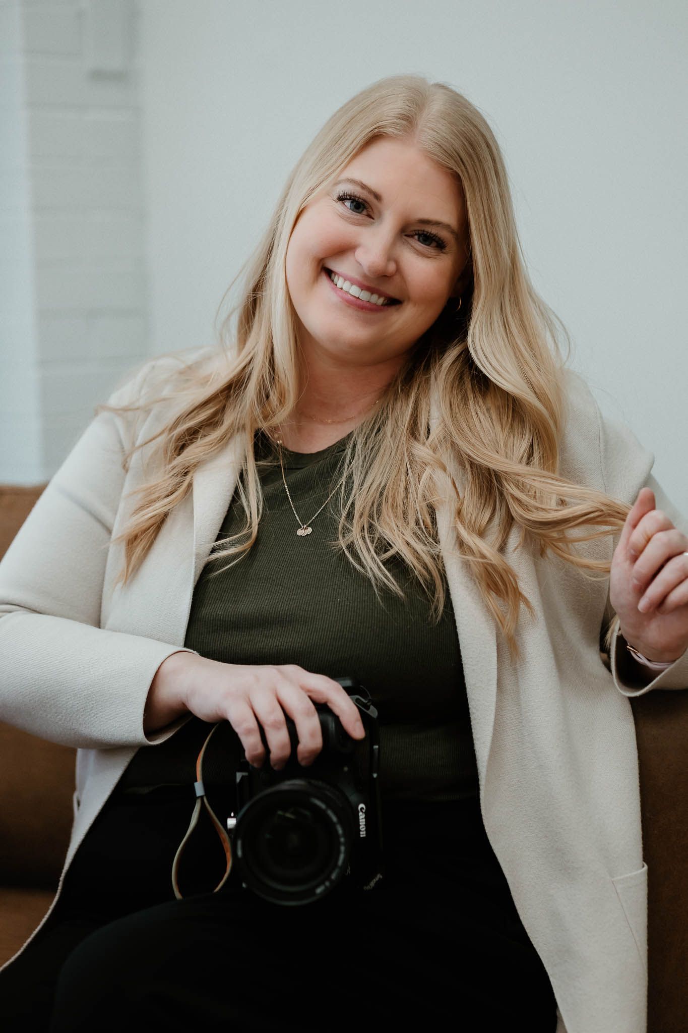 Professional lifestyle portraits featuring a person wearing a black top and cream cardigan in various casual poses.