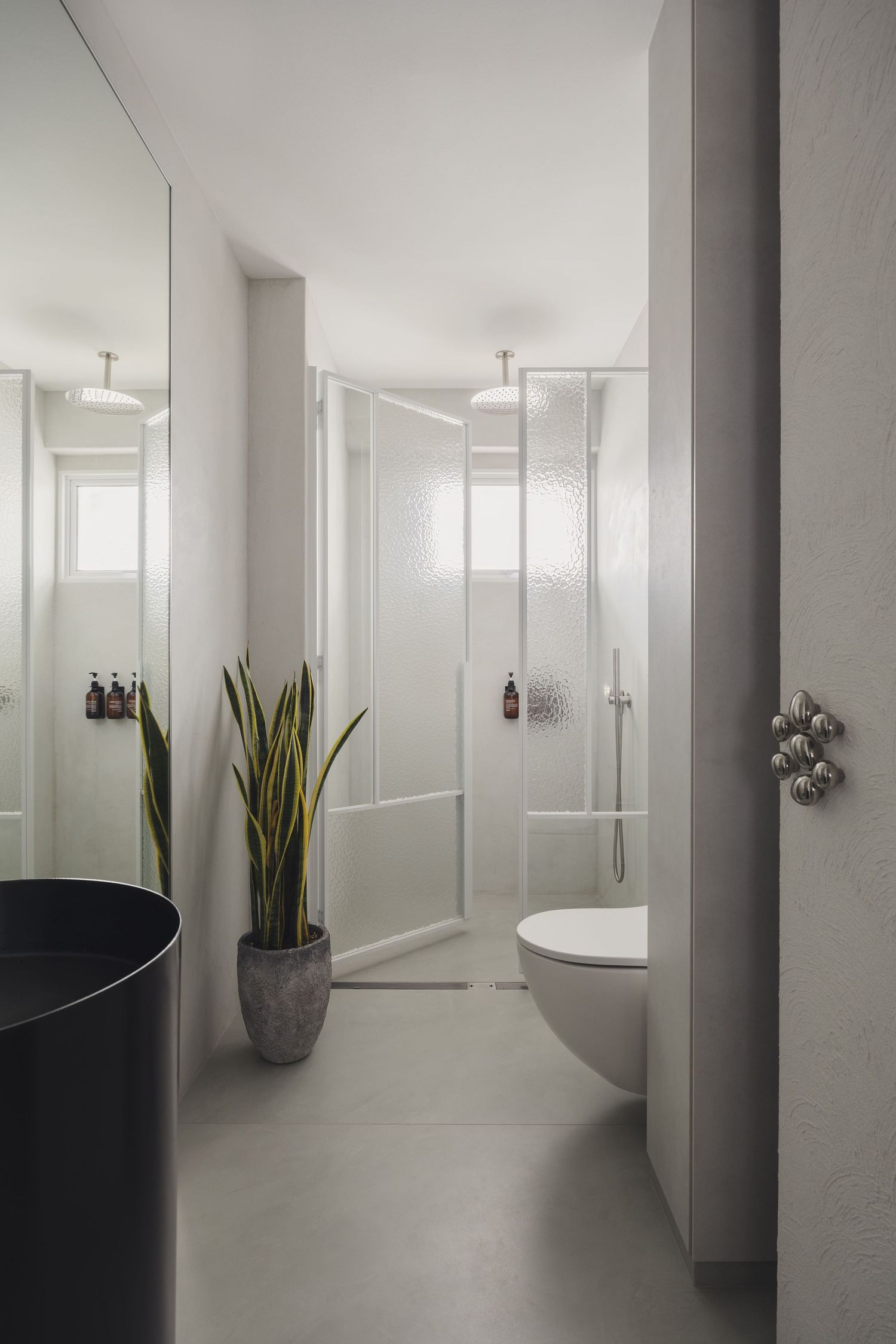 Modern minimalist bathroom with black round sink, large mirror, snake plant, glass shower enclosure, and wall-mounted toilet.