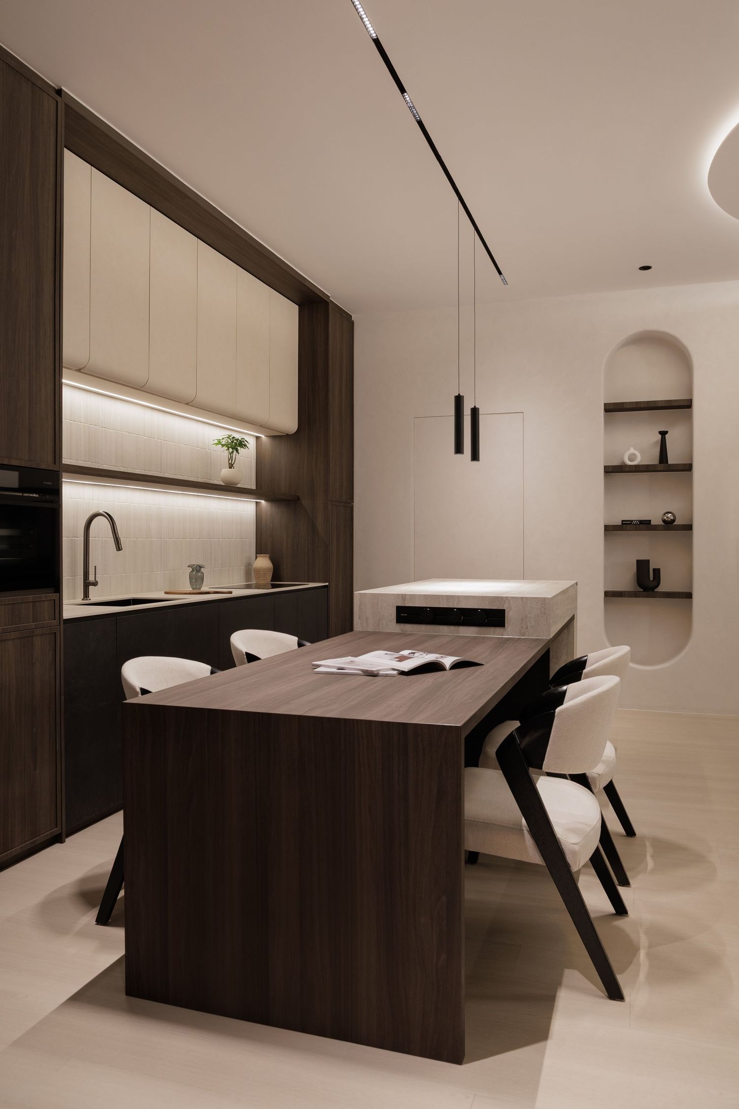 Modern minimalist interior design featuring dark wood paneling and white walls in a sleek open-concept space.
