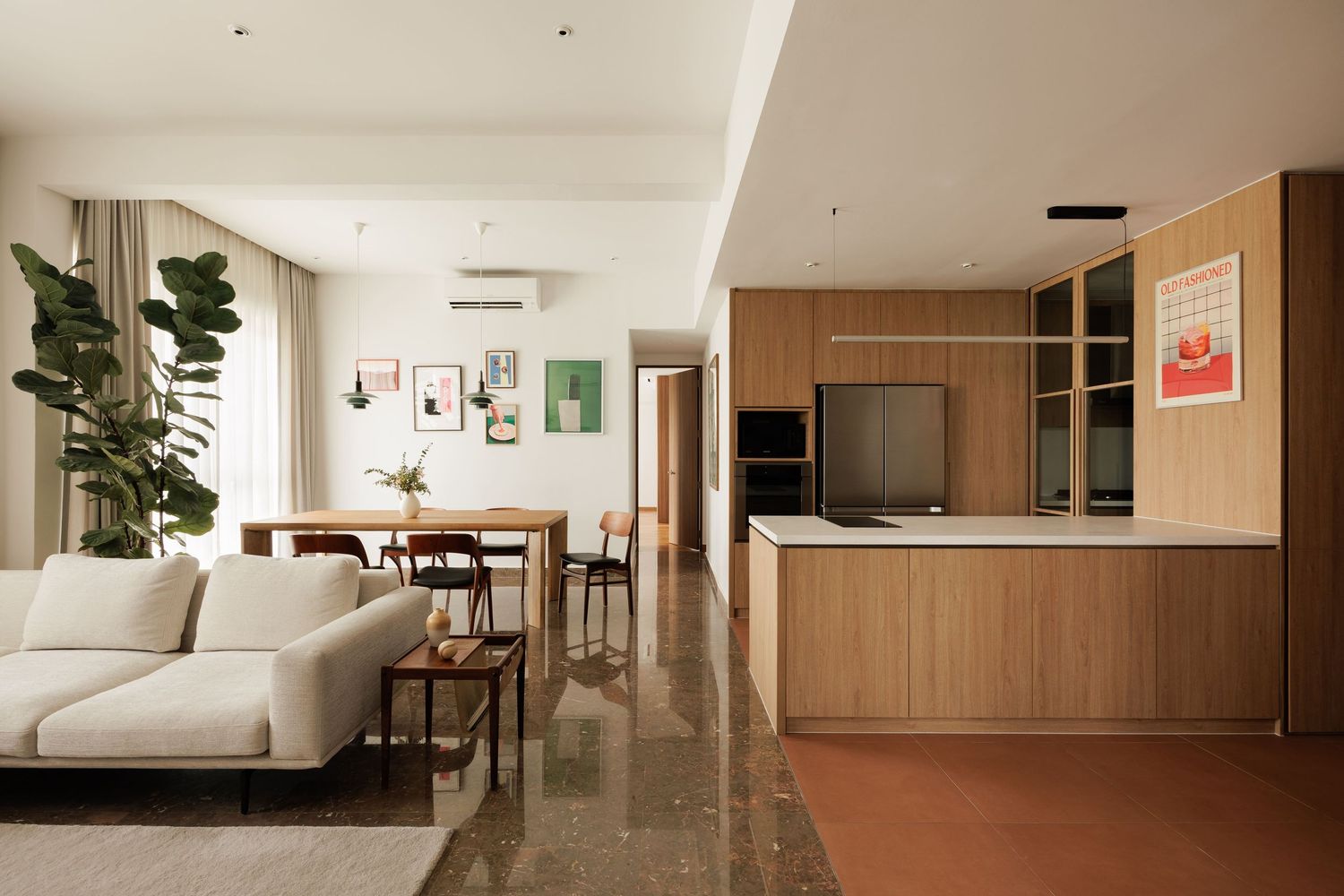 Modern office hallway with wooden wall panels, recessed lighting, and clean minimalist design.