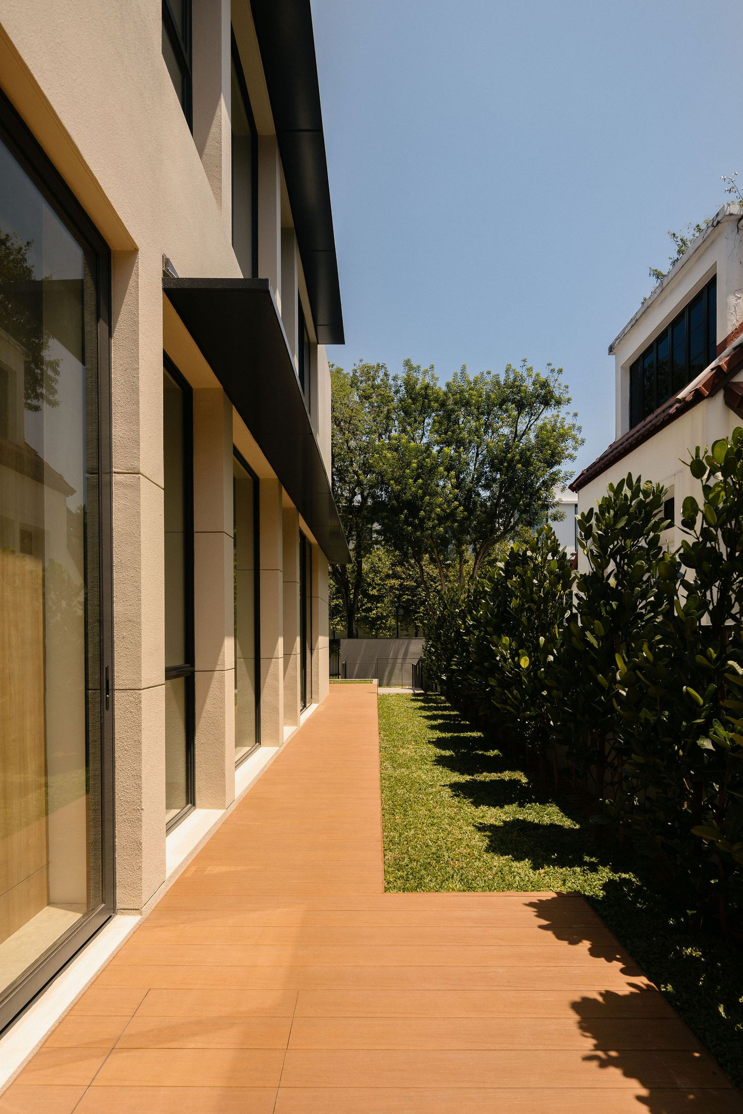 Sunlit wooden side walkway beside a modern building with floor-to-ceiling glass windows and a neat grass strip lined with tall green hedges.