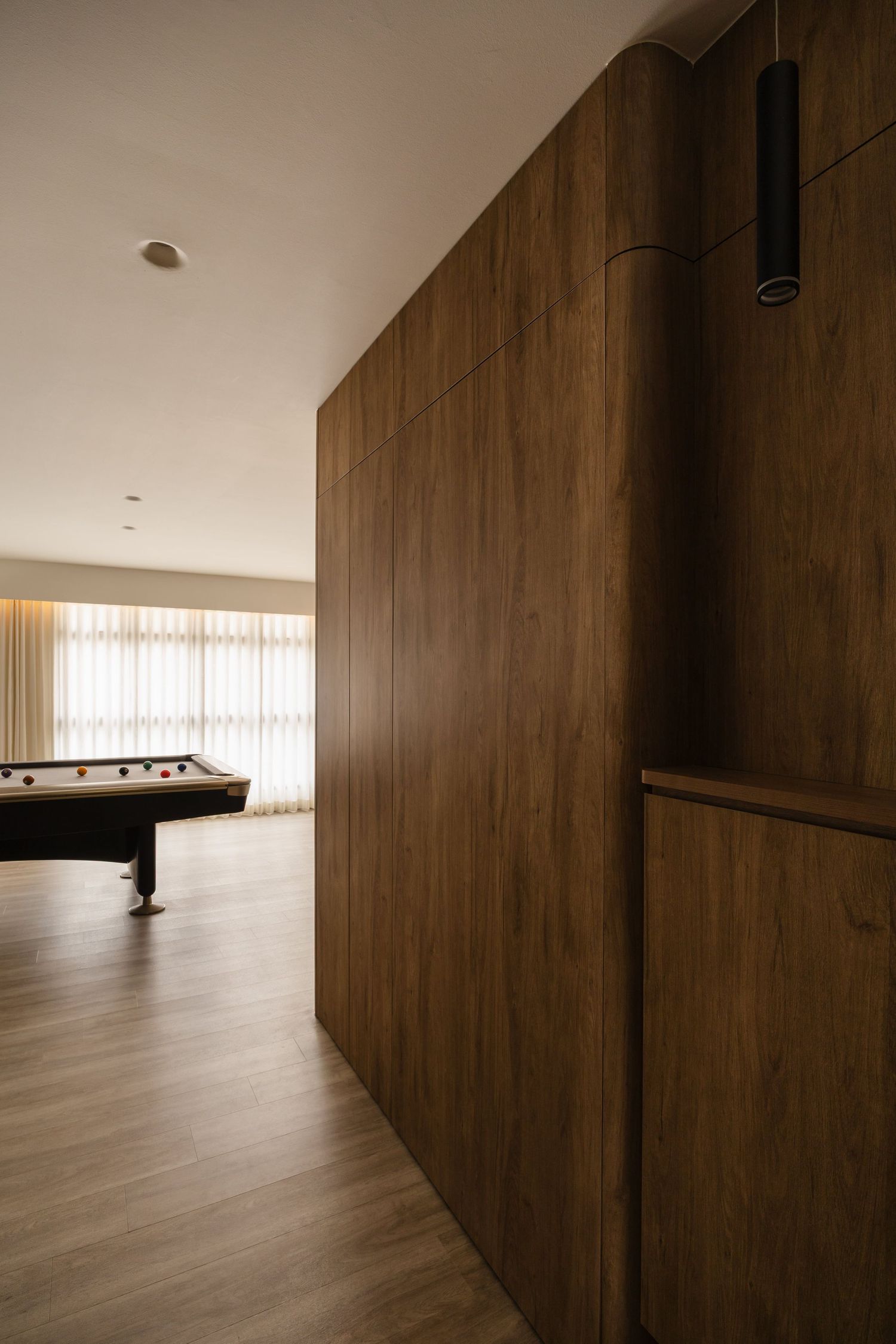 Modern minimalist interior hallway with dark wood paneling, light hardwood floors and recessed lighting.