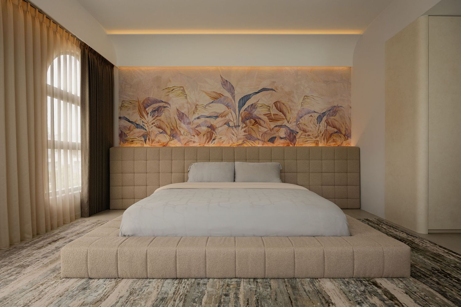 Luxurious bedroom with upholstered bed, floral mosaic wall art, marble flooring, and warm ambient lighting.
